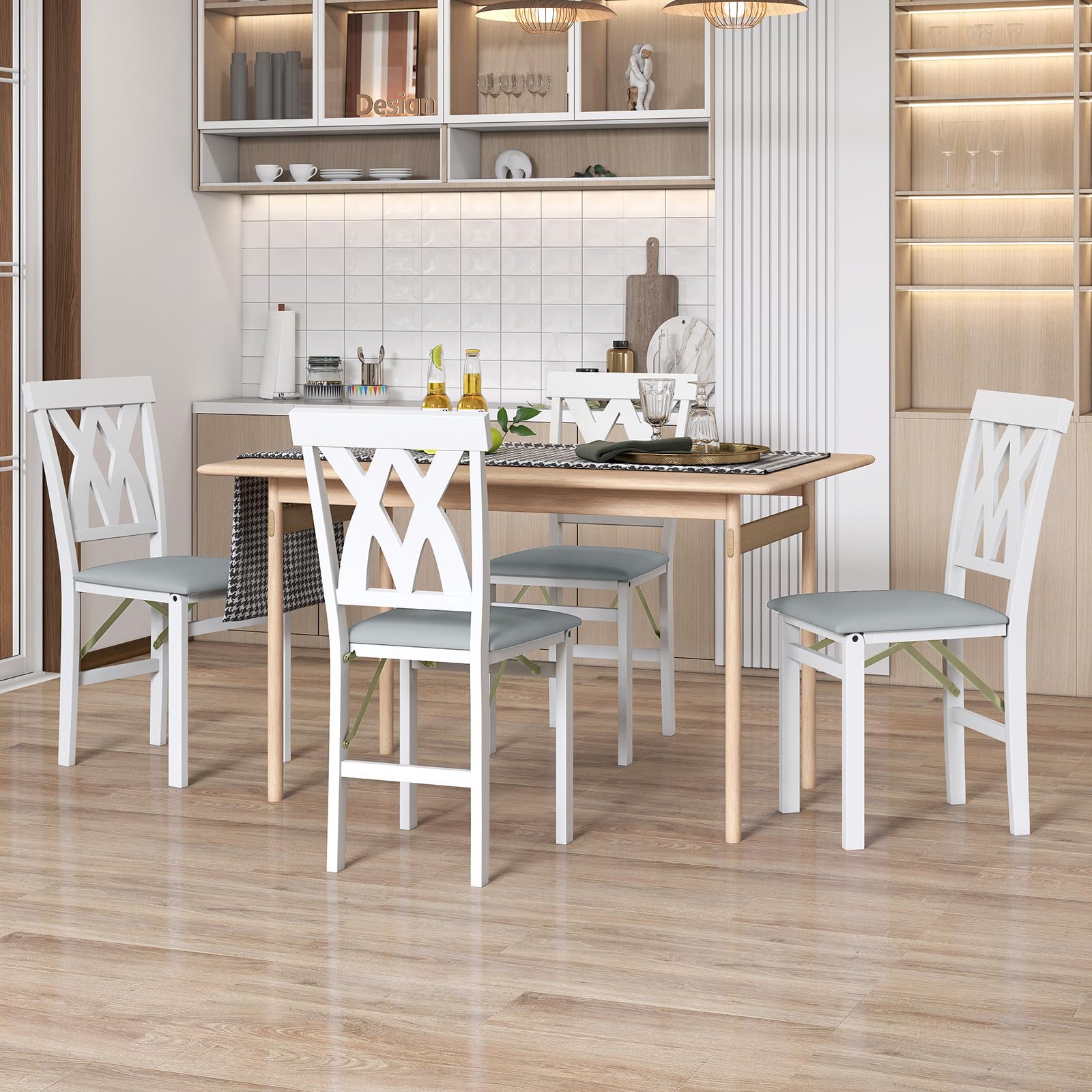 COSTWAY Lot de 2 Chaises de Salle à Manger Pliantes en Bois, Chaise de Cuisine avec Cadre en Bois de Caoutchouc, Siège Rembourré, Dossier Incurvé, pour Maison, Bureau, Appartement (Blanc)