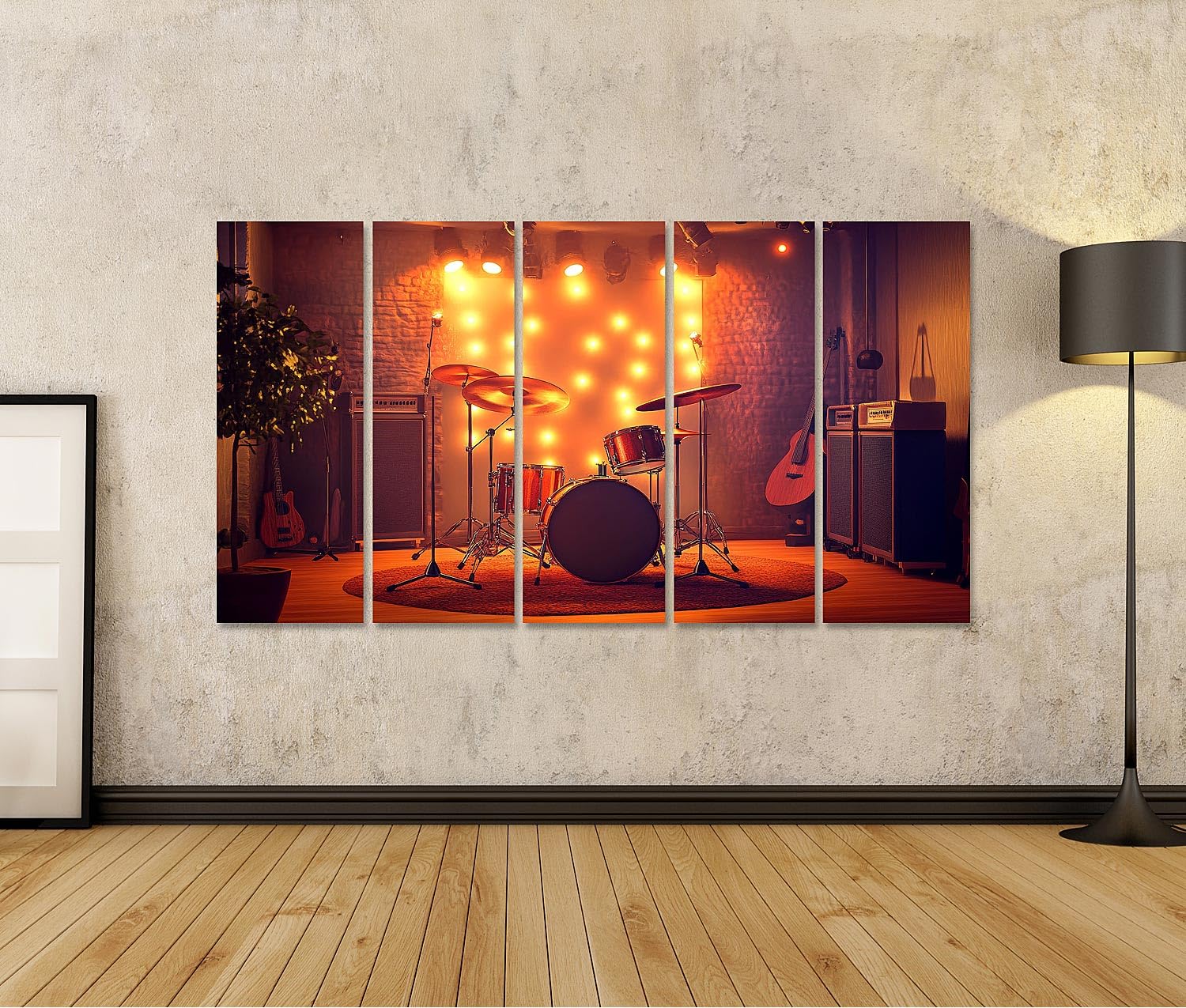 islandburner Prime Quadro su tela Accogliente studio musicale con illuminazione e strumenti per sala musicale, amanti della musica, negozio di musica, immagini da parete poster