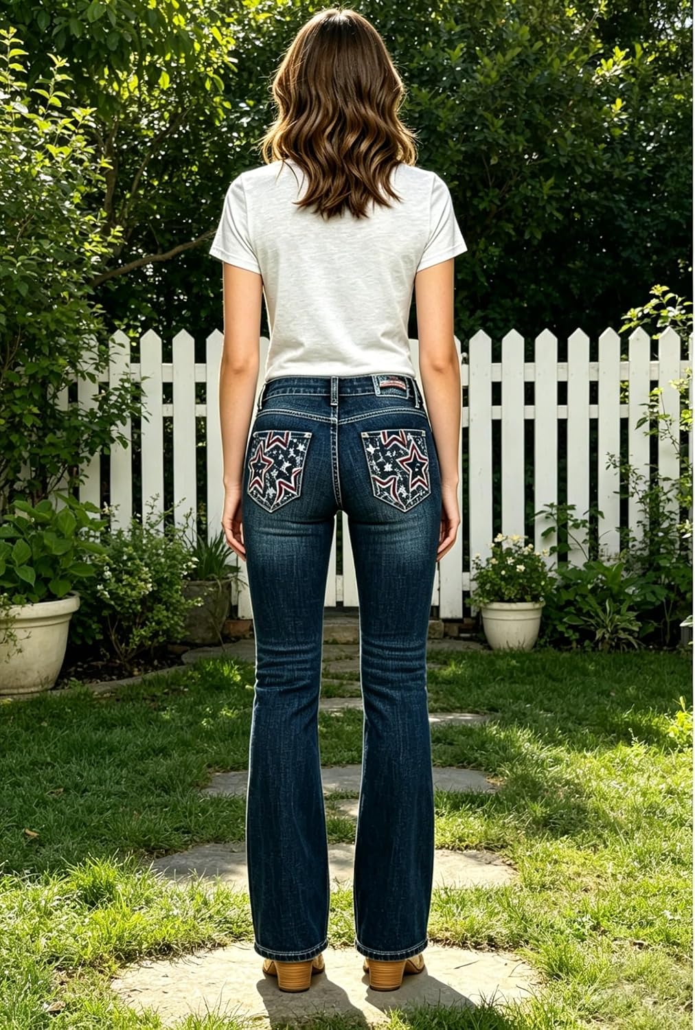 Bootcut Jeans for Women,Stretchy Feather Flower Embroidery Mid Rise Slim Straight Leg Pants Jeans image 2