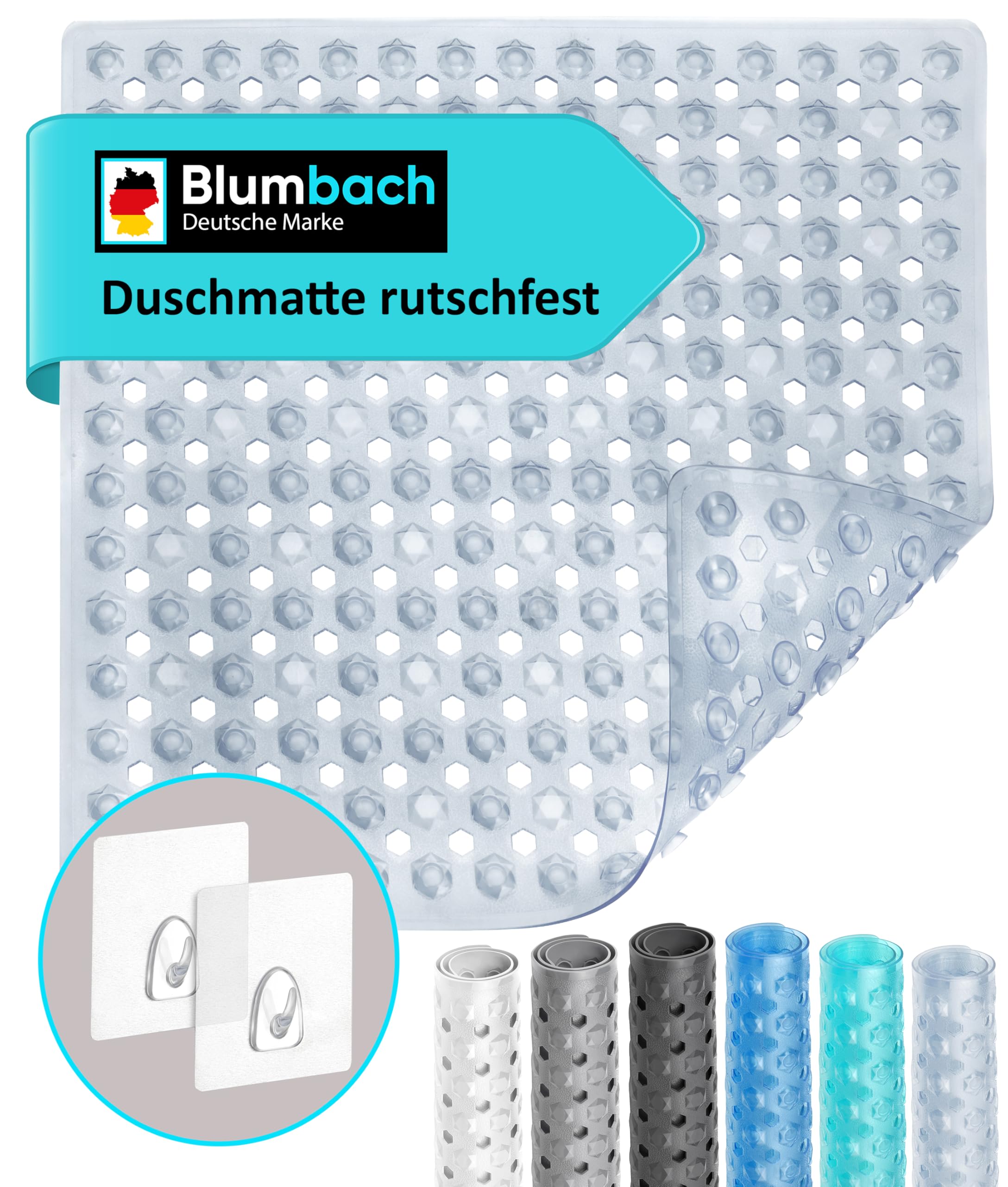 Blumbach® Duschmatte rutschfest 53x53cm - 100% BPA-frei - Inkl. 2 Haken zum Aufhängen - griffige Antirutschmatte Dusche & Badewanne, Duscheinlage, Rutschmatte schimmelresistent & maschinenwaschbar