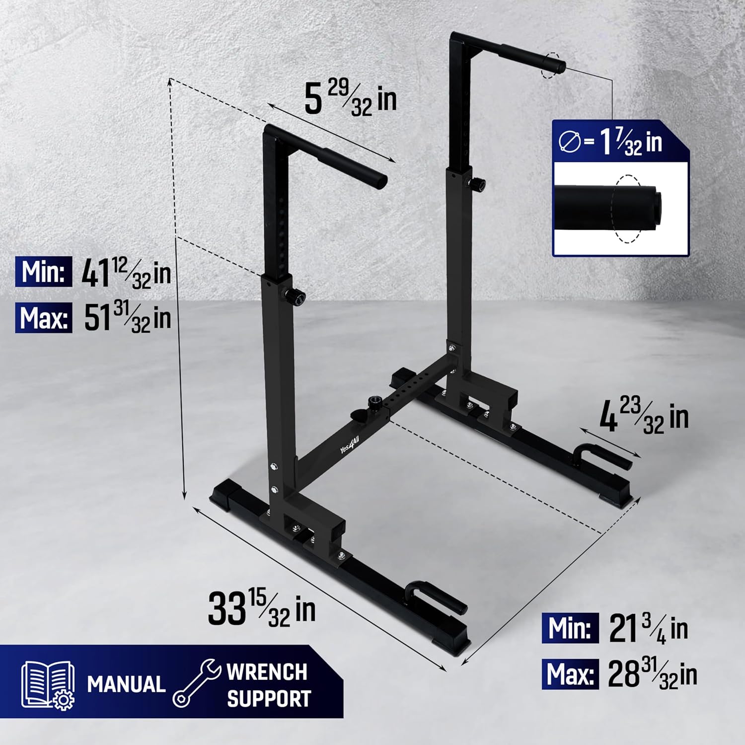 Diagram showing Yes4All Dip Stand dimensions including height, width, and depth.