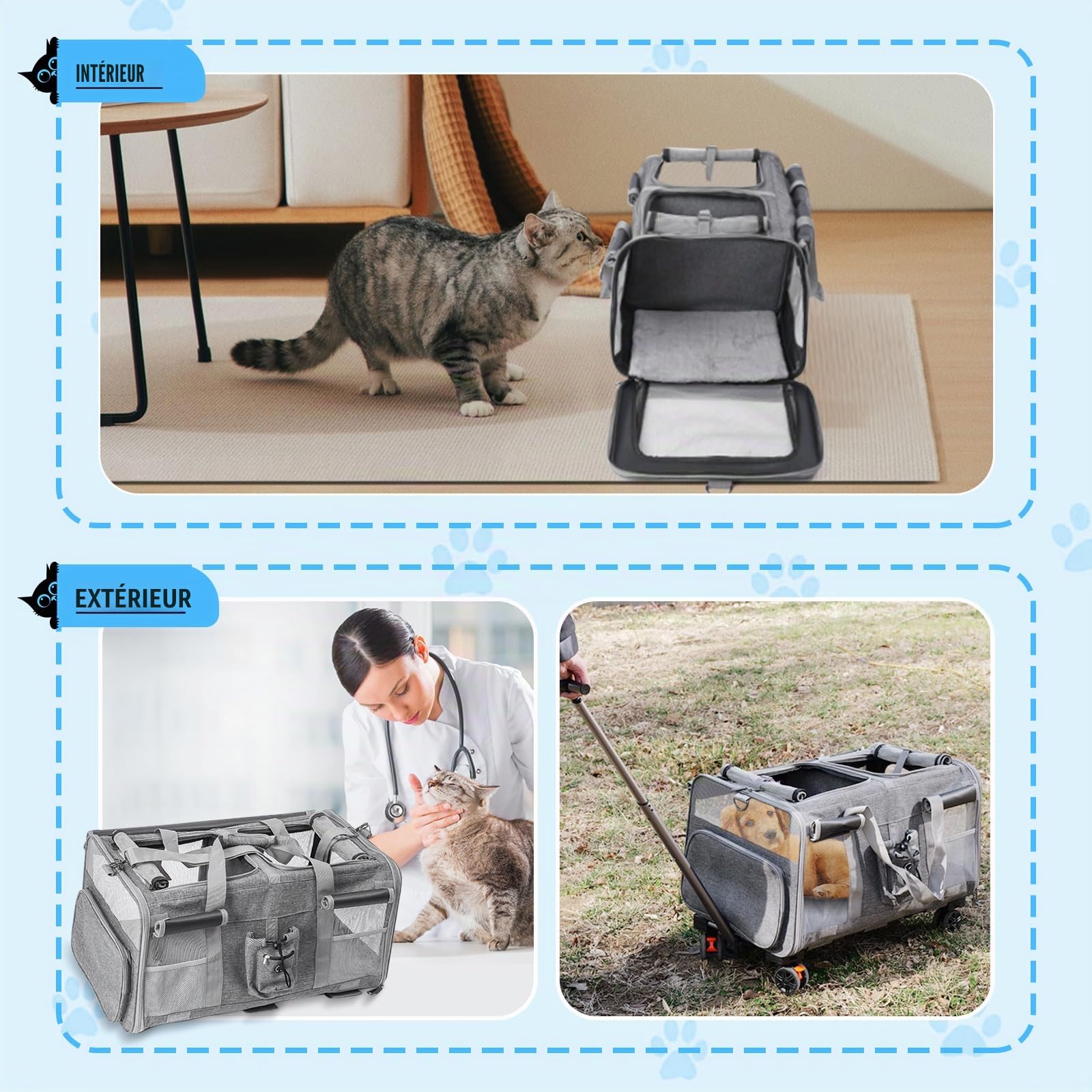 Sac à roulettes pour Chat Chien Pliable Transporteur Roulant, Sac de Transport Chats Poignée Télescopique Bandoulière pour 2 Chats et Petits Chiens jusqu'à 20 kg, Design ventilé