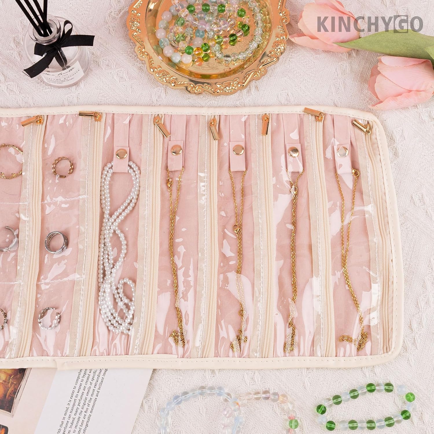 Jewelry Roll Organizer Travel Jewelry Case with Zippered Pockets Portable Travel Jewelry Pouch for Necklaces Earrings Rings Bracelets