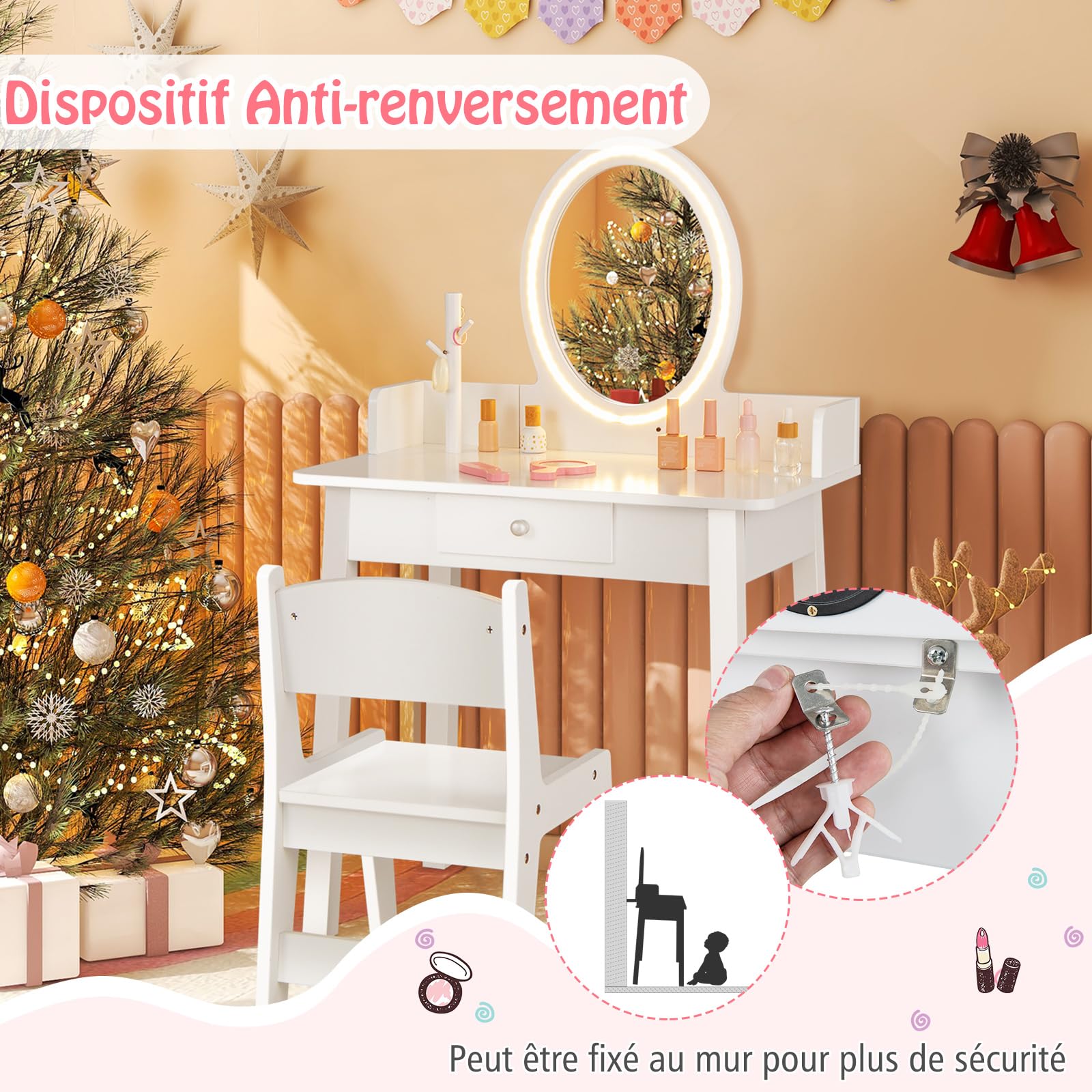 COSTWAY 2 en 1 Coiffeuse Enfants avec Miroir LED & Tabouret, Table de Maquillage avec Tiroir & Organisateur en Forme Arbre, Dispositif Anti-basculement, Charge 50kg pour Enfants de 3-8 Ans