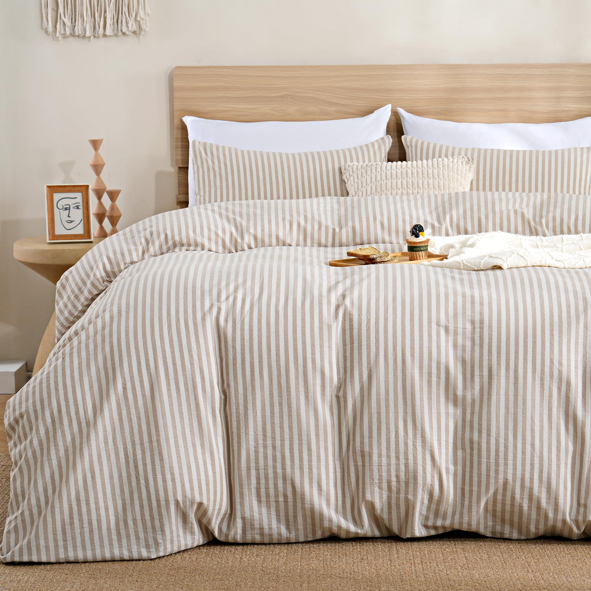 TOCOMOA Brown Striped Duvet Cover Set 100% Washed Cotton Like Linen, Queen