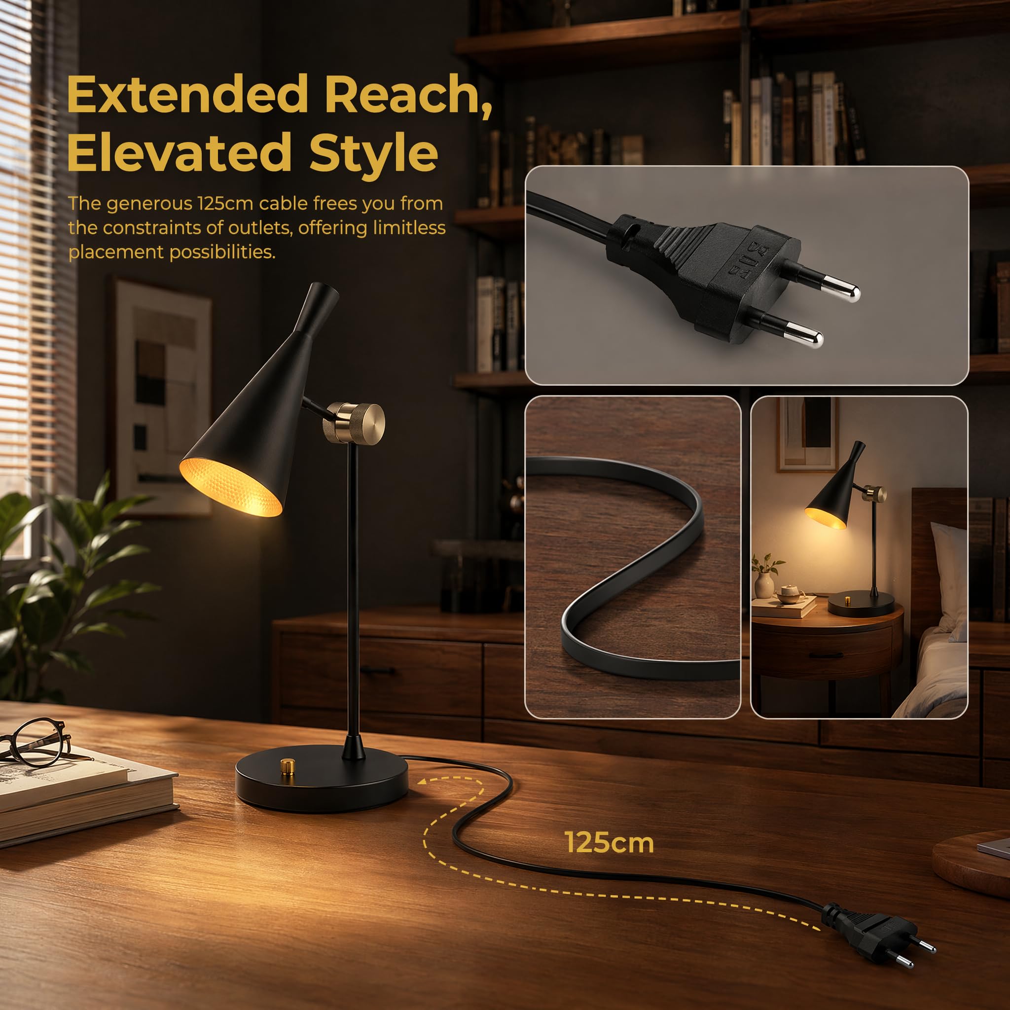 BARCELONA LED lampada da tavolo orientabile alluminio Nordi nera E27 | corpo in alluminio opaco, testa orientabile, base rotonda stabile, cavo 125cm con interruttore