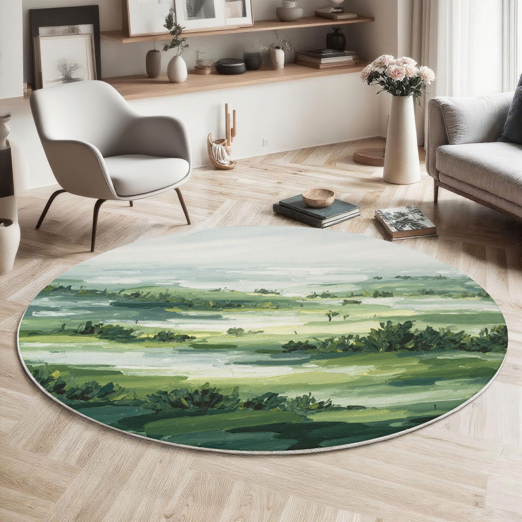 Tapis de salon rond 120cm antidérapant et tapis de chambre doux vert