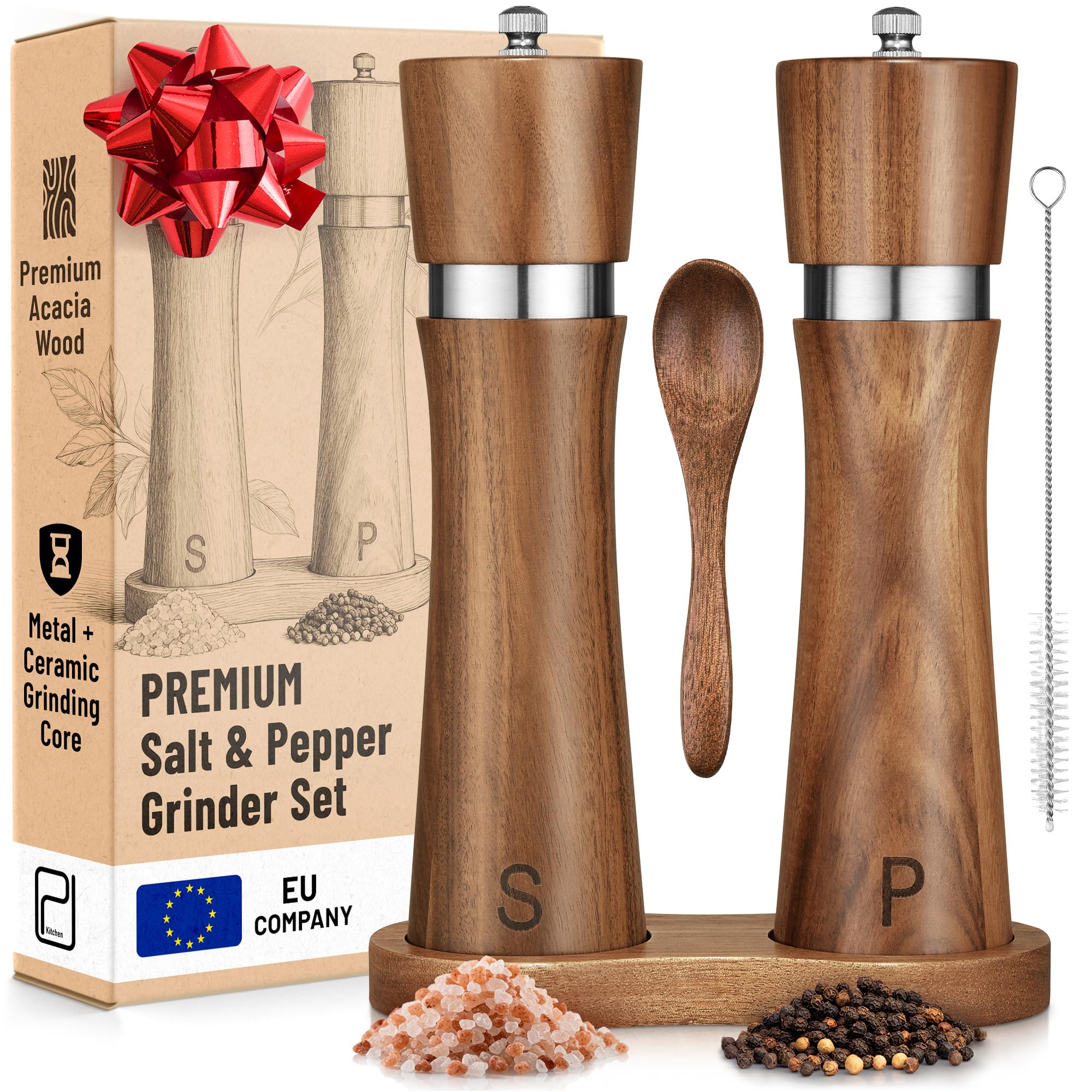 PJC-Kitchen Ensemble de Moulins à Sel et Poivre en Bois d’Acacia avec Plateau - 60 g