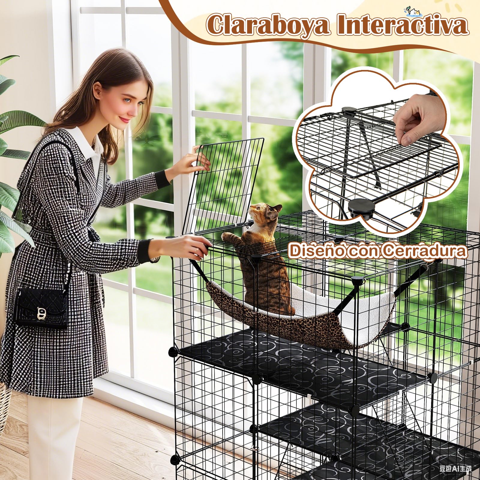 GYMAX Jaula Interior de 3 Niveles para Gatos, con Hamaca, 2 Escaleras, Panel Desmontable, Alambre Metálico y 3 Puertas Bloqueables, Apta para 1-3 Mascotas