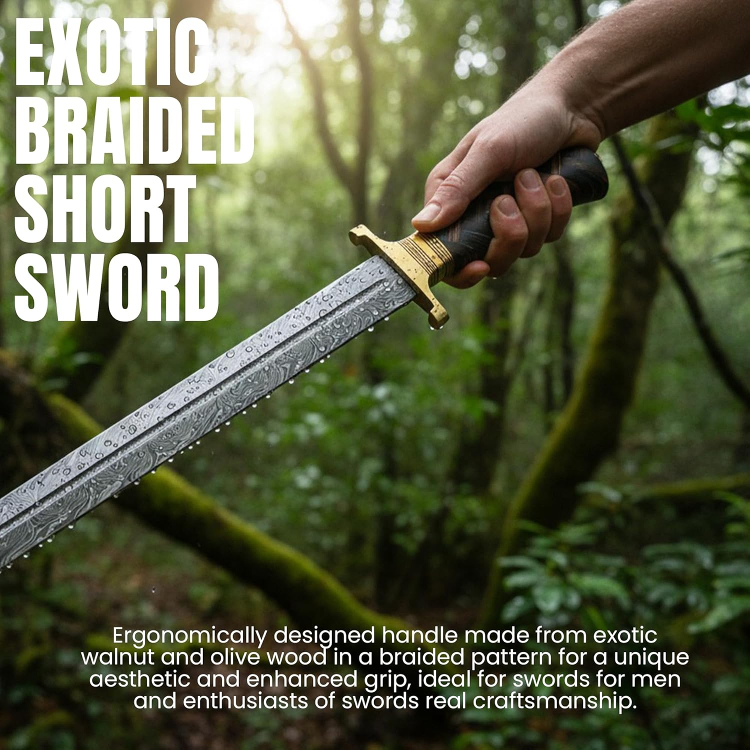 SANZ Damascus 21” Exotic Braided Short Sword – Hunting Swords for Adults with Firestorm Pattern Damascus Steel Blade with Blood Groove, Brass Guard, Sheath, Braided Walnut & Olive Wood Handle