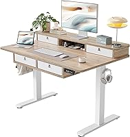 TIQLAB 48x28 Electric Standing Desk with 4 Drawers & Storage Shelf - Adjustable Height Sit-Stand Maple Home Office Desk