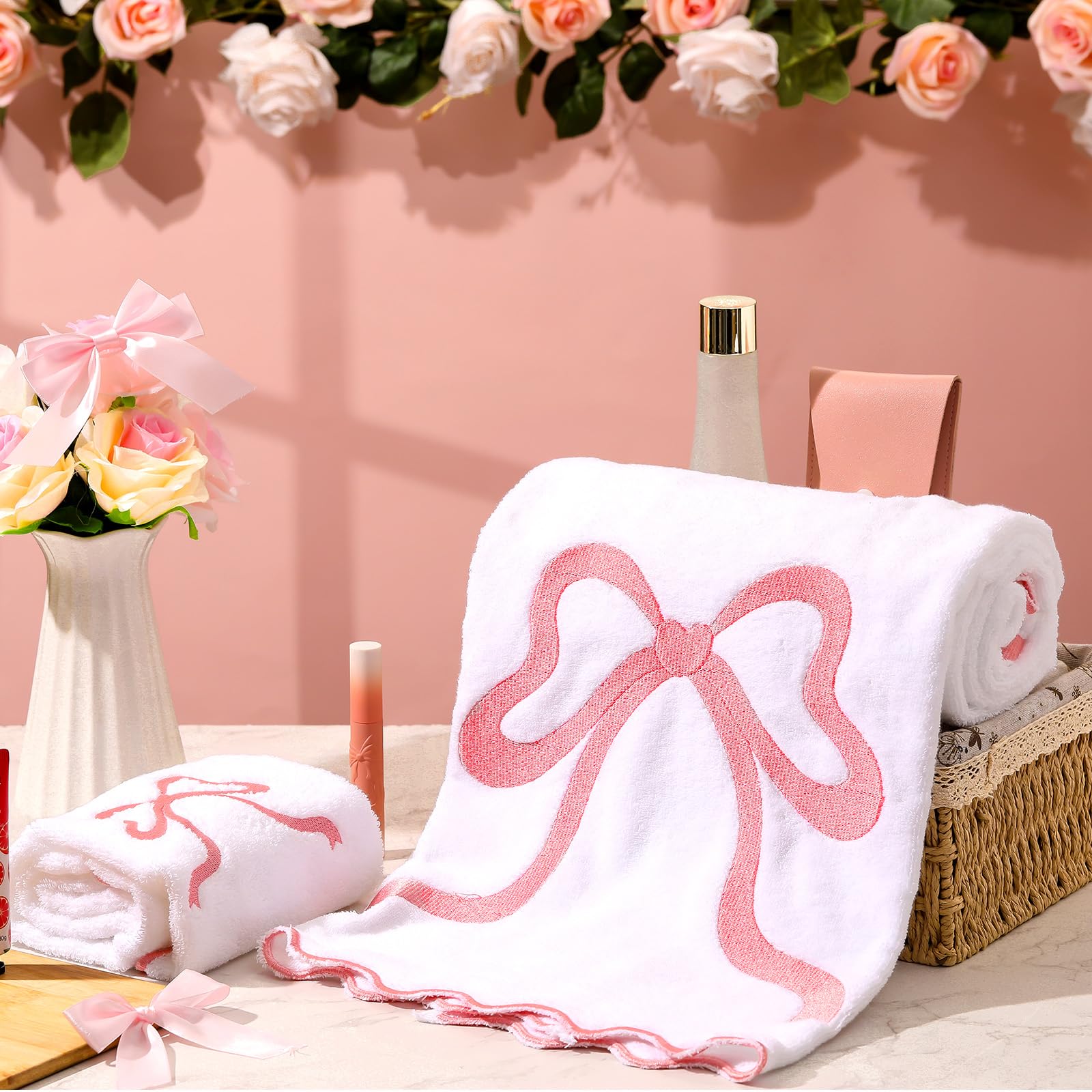 Fanfanwin Set of 2 Pink Bow Bath Towels Set Coquette Scalloped Embroidered Hand Towel 100% Cotton Cute Preppy Decor for Bathroom Shower Supplies