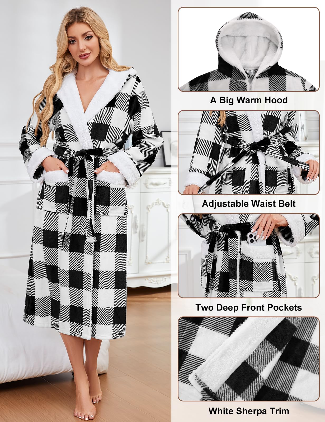 Yuson Girl Damski flanelowy szlafrok długi pluszowy szlafrok polarowy z kapturem ciepły zimowy szlafrok dla kobiet miękki puszysty odzież domowa tartan kratka wzór spa bielizna nocna