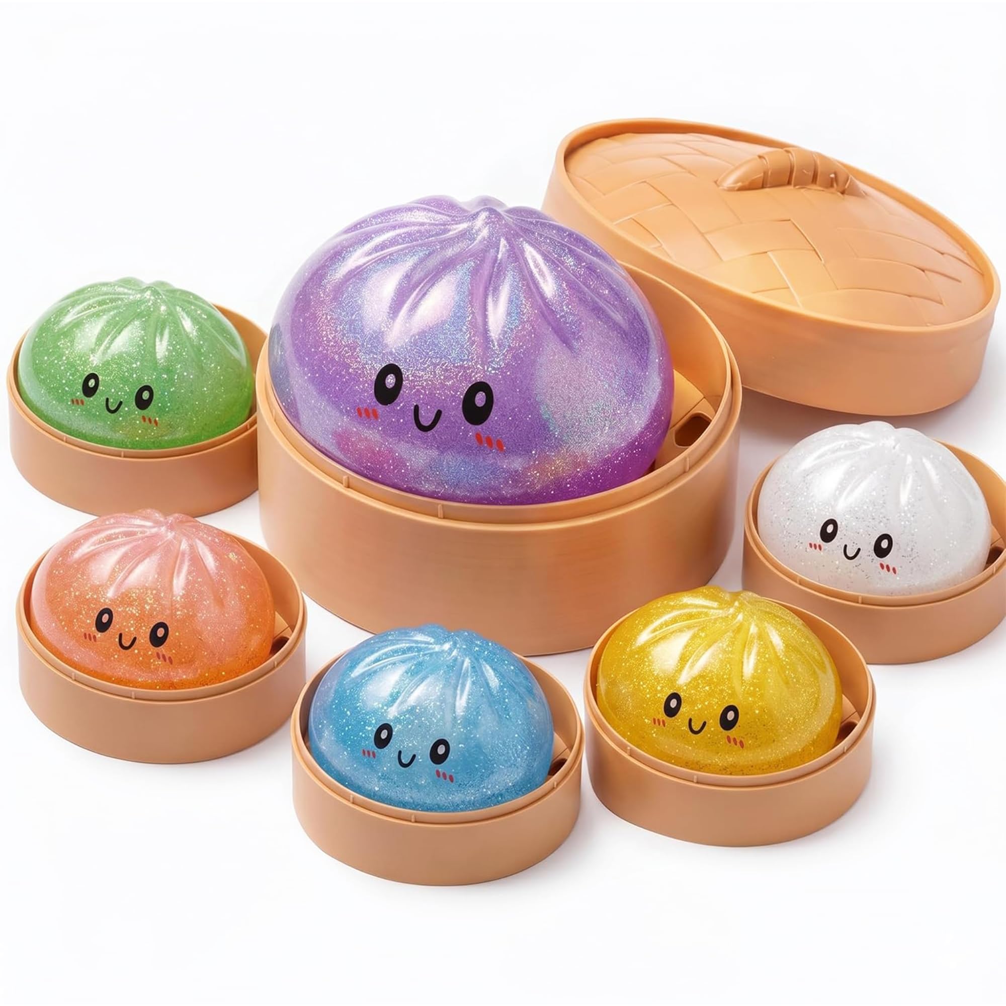 BML 1 Pack Glitter Dumpling Squishy Toy 10cm Giant Soft Squeeze Stress Relief Fidget Toy with Steamer Box, Sparkly Sensory Desk Toy for Kids & Adults, Anxiety Relief (Random Colour)