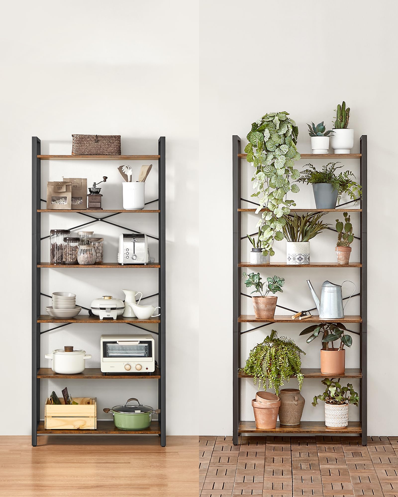 VASAGLE Libreria Alta a 6 Ripiani, Scaffale Portaoggetti, Struttura in Acciaio, Salotto Camera da Letto Studio, 30 x 80 x 186 cm, Industriale, Marrone Vintage e Nero Inchiostro LLS082B01
