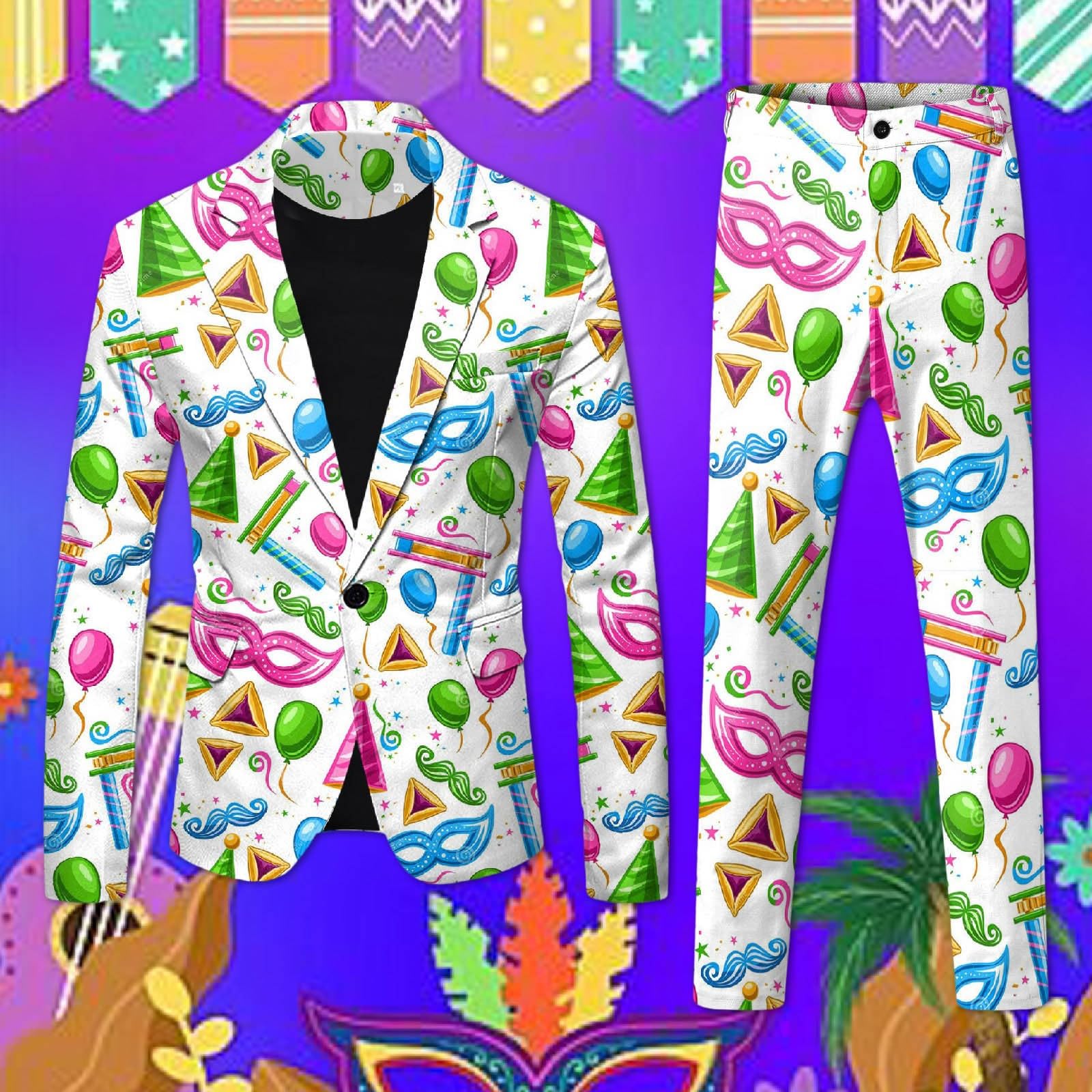 Traje para hombre, carnaval, fiesta temática, disfraz de máscaras divertidas, trajes con estampados coloridos, disfraz de carnaval de los años 60, chaqueta y pantalones, corte ajustado, 2