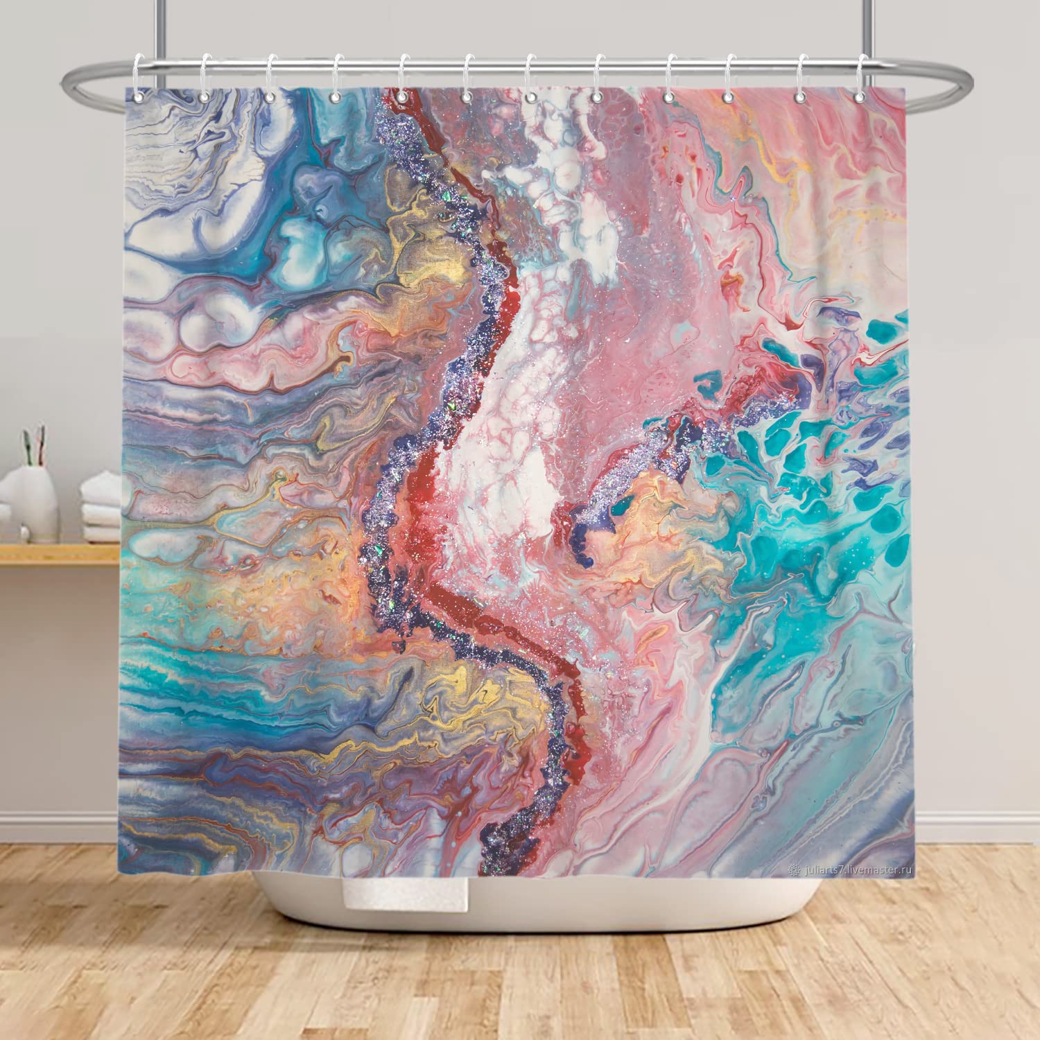 Bovlleetd 72x78inch Marble Shower Curtain Blue Pink Sea Water Bath Curtain Waterproof Bathtub Decorative Curtain Bathroom Art Curtain, Shower Curtain for Bath Decor โ image 1