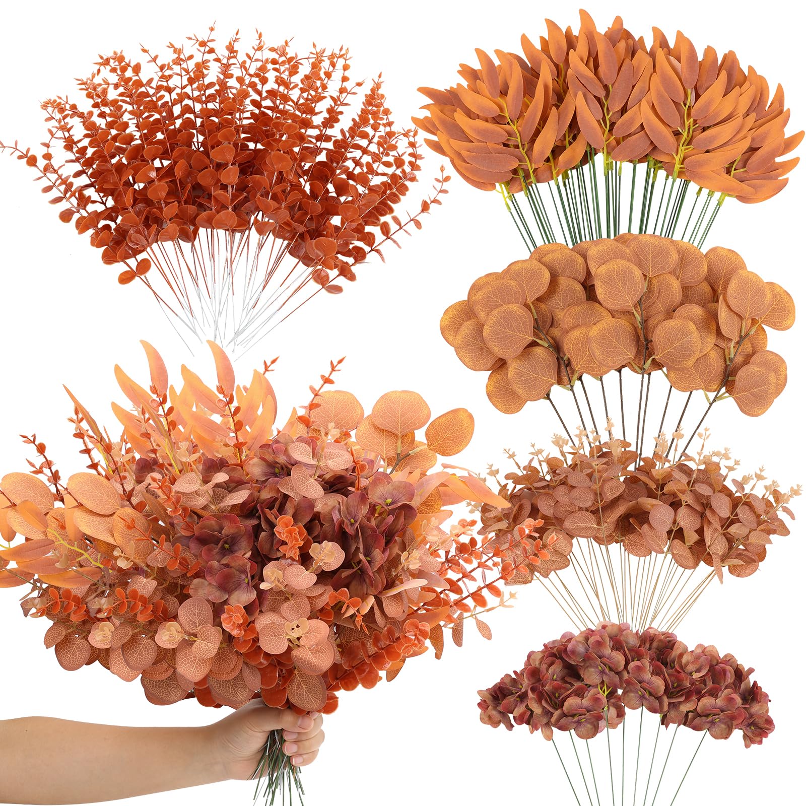 Palonu 150 steli di eucalipto artificiali autunnali con teste di ortensia, foglie di eucalipto rosso marrone finte sfuse per bouquet nuziali autunnali fai da te, centrotavola per la tavola del