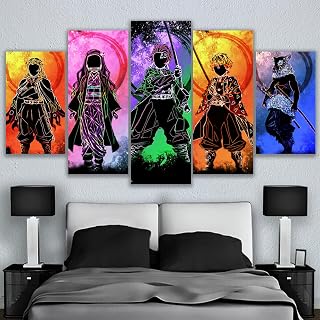 Set 5 Canvas Print Demon Slayer Characters Colorful Abstract Art for Living Room Bedroom Office Ready to Hang Fabric Home Artistic Anime Different sizes (with Frame) (39x22 inch)