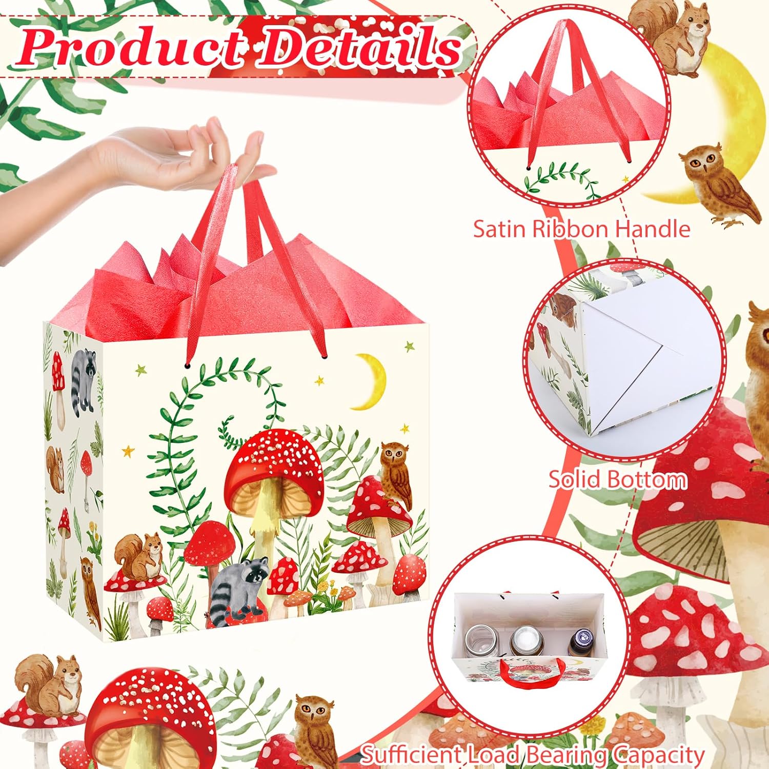 Mushroom Gift Bag for Mushroom Party Decoration Mushroom Birthday Gift Bag with Tissue Papers and Card Mushroom Themed Wrapping Bags Squirrel Owl for Boys Girls Xmas Jungle Party Christmas Baby Shower - Image 4