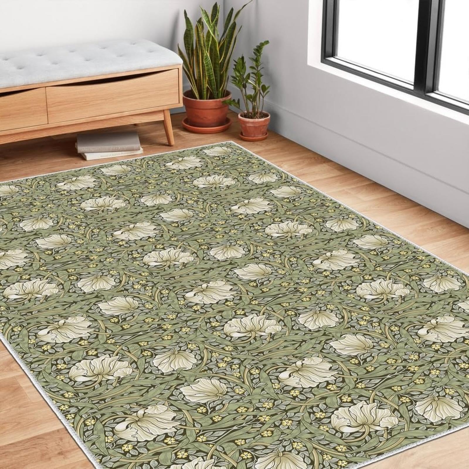 Tapis lavable salon 160x250cm antidérapant vert sauge floral vintage