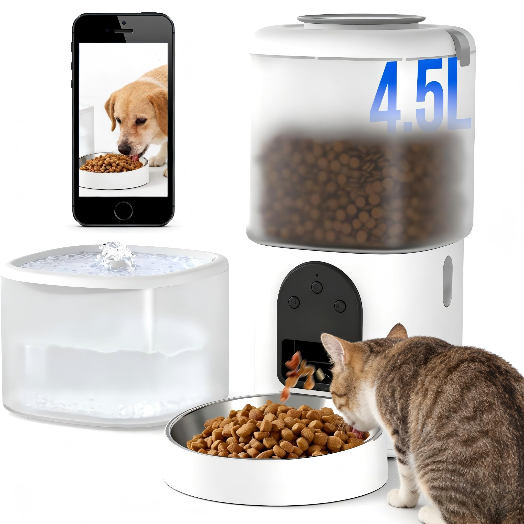 Automatic Cat Feeder with Camera 1080P HD Video 2.4G&5G WiFi Cat Water Fountain with Moving Water Feature Timed Auto Feeder with APP Control,Multiple Cats, Detachable for Easy Clean