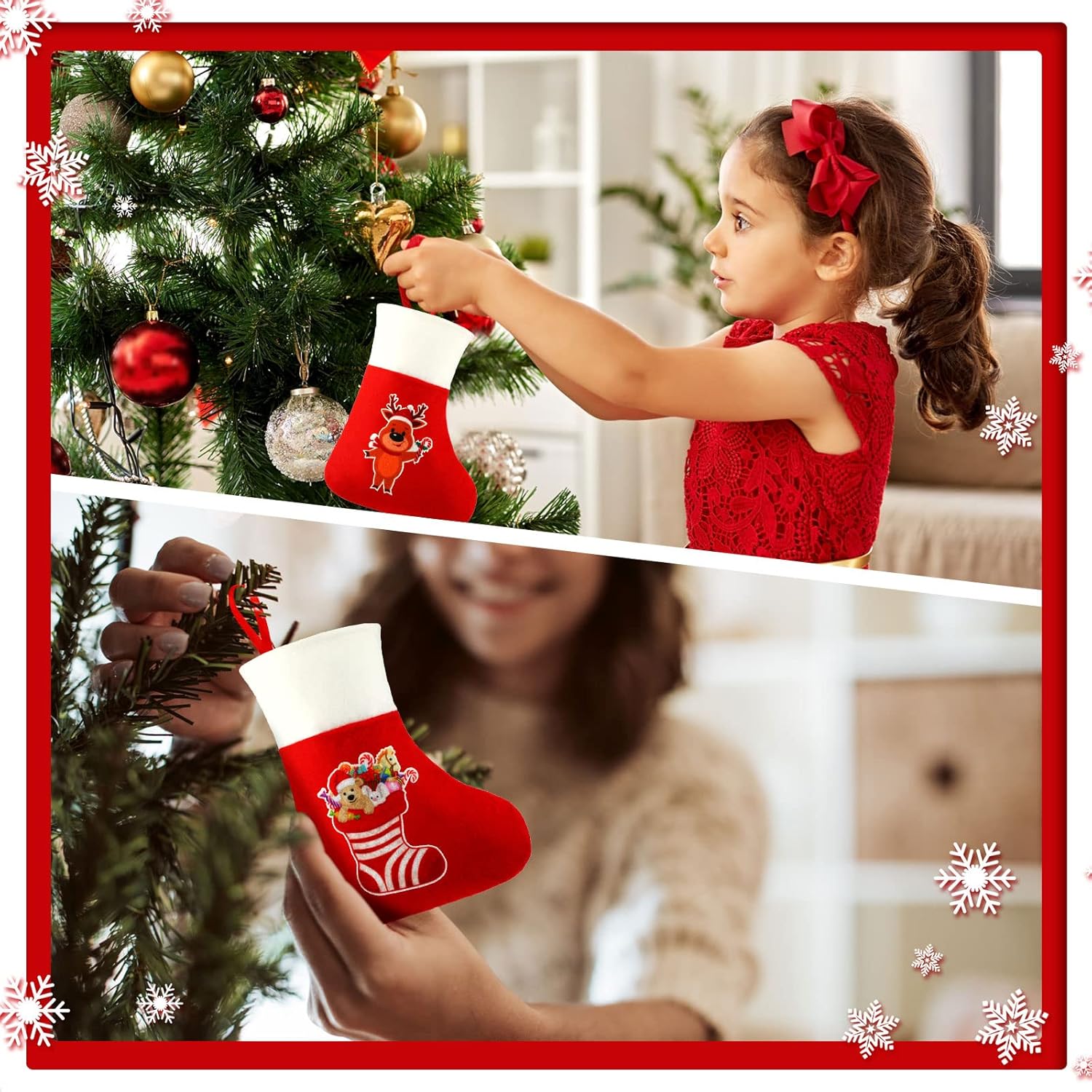 Supervitae 48 Pcs Mini Christmas Stockings Small Stockings Bulk Red Felt Mini Stockings Traditional Stockings Christmas Stocking Holder Reindeer Santa Snowman Stockings Ornaments for Home Gifts Decor