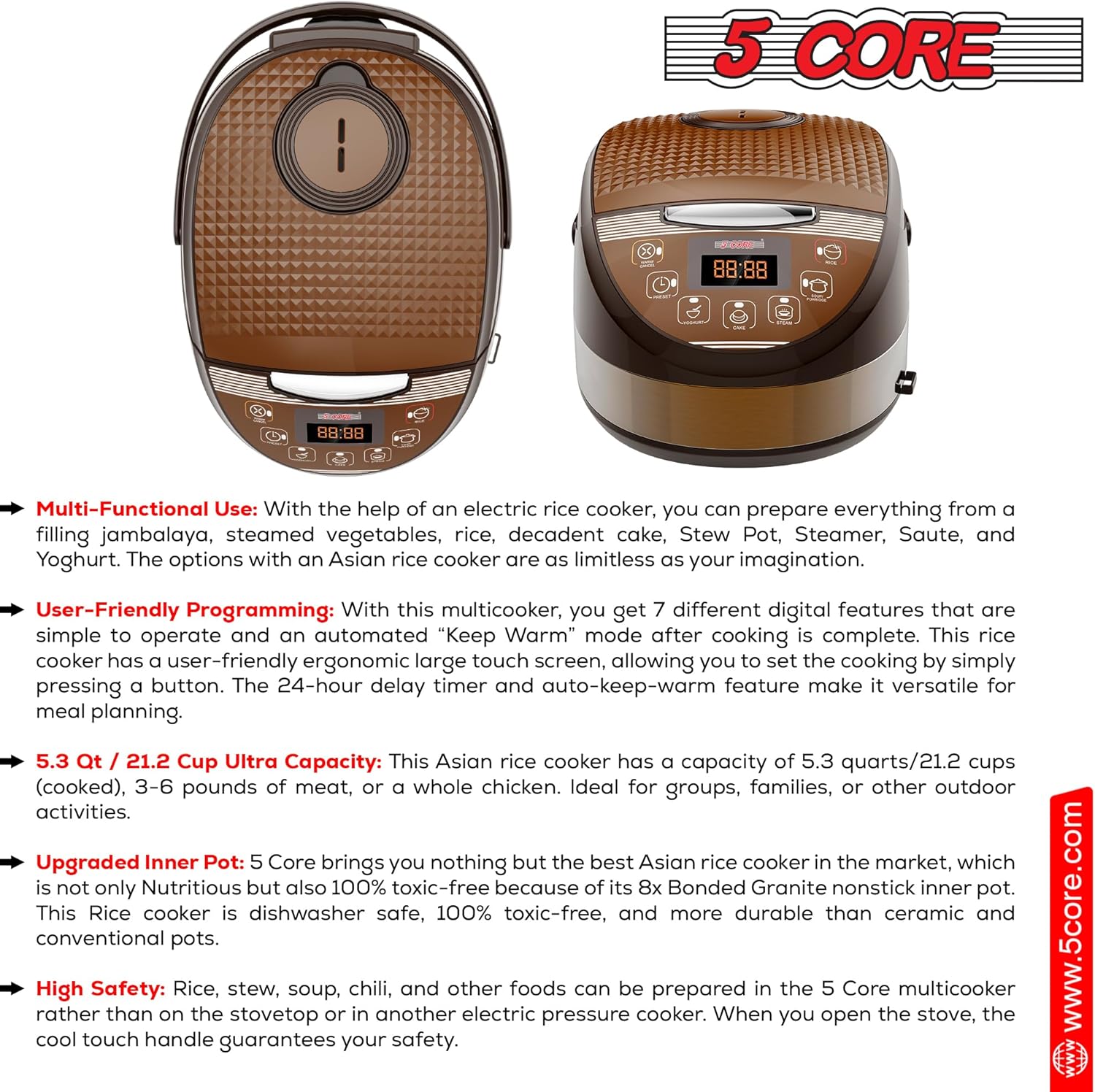 5 Core 5.3Qt Asian Rice Cooker Digital Programmable 15-in-1 Ergonomic Large soft Touch push button Electric Multi Cooker, Steamer Pot, Warmer 21 Cups 24 Hour Delay Timer Auto Keep Warm Feature RC 0502