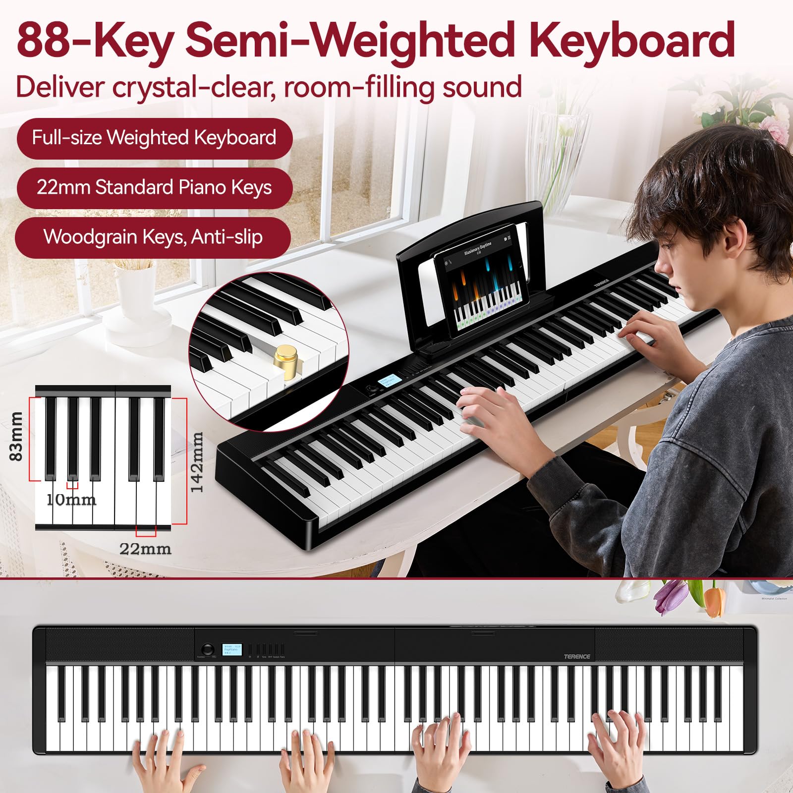 TERENCE Piano numérique, 88 touches lestées, batterie 1800 mAh, Haut - parleur 2 * 5W, pliable et portable, support Bluetooth et interface midi Noir