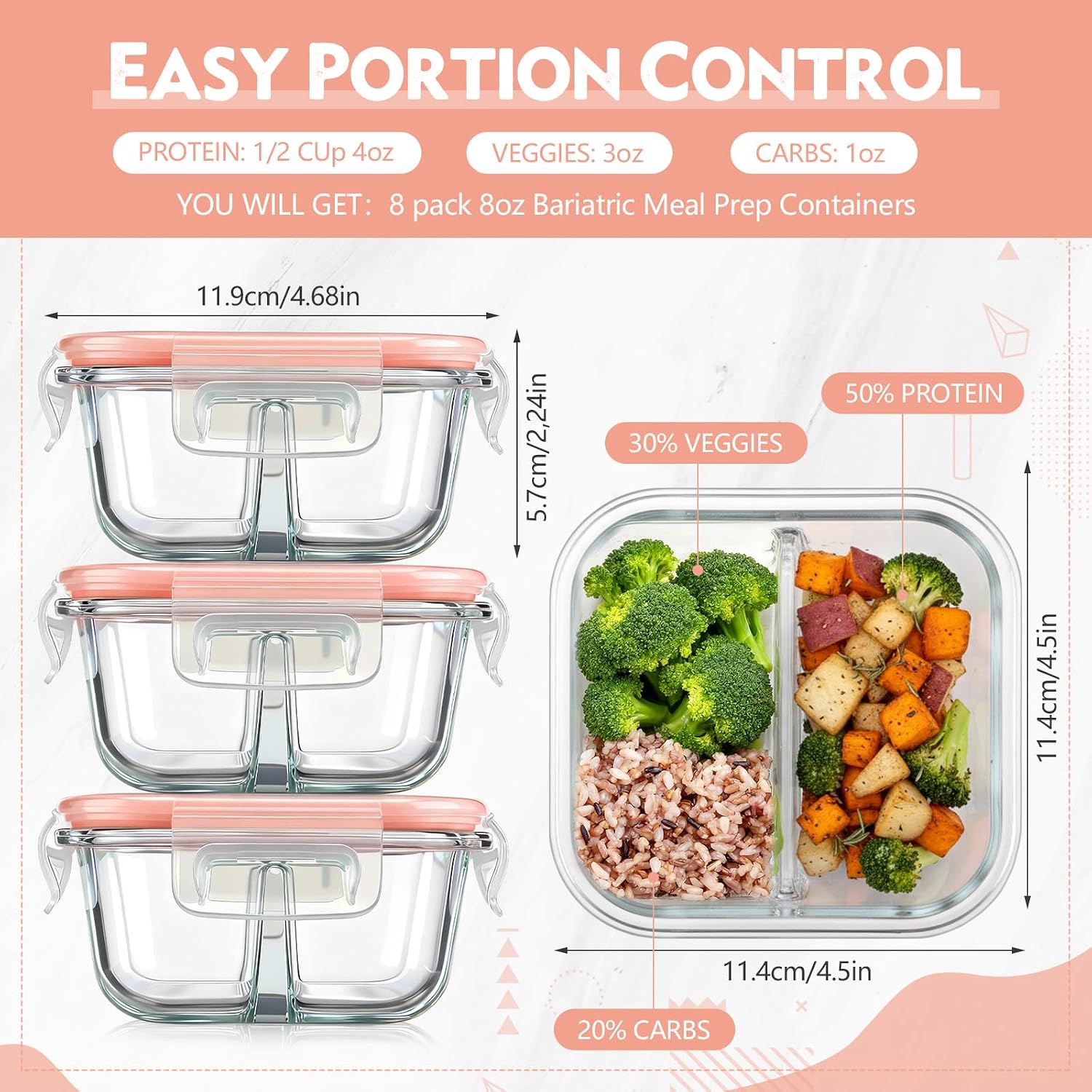 8 Pack 8 oz Bariatric Meal Prep Container, Partition, Pink