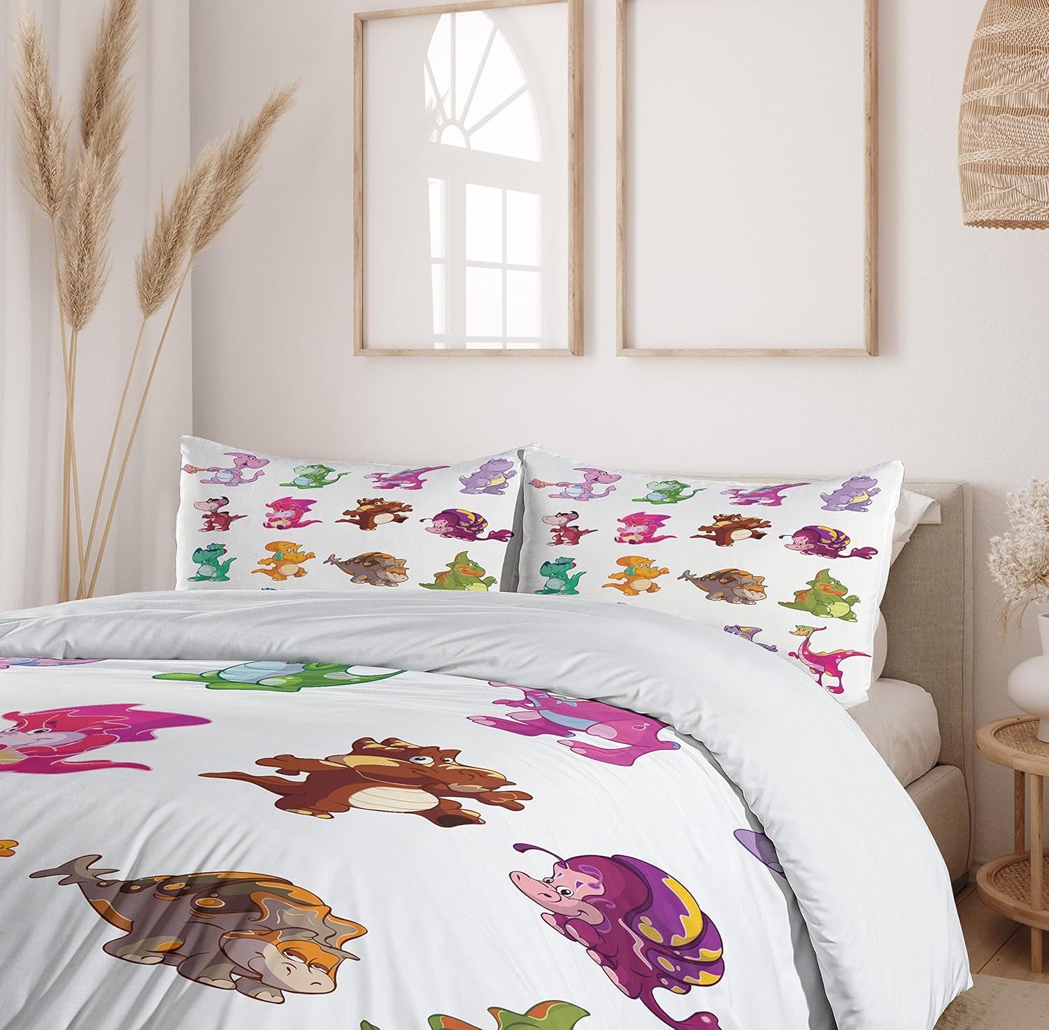 Ambesonne Jurassic Duvet Cover Set, Dino's Dinosaurs Extinction Funny Comic Cartoon Illustration, Decorative 3 Piece Bedding Set with 2 Pillow Shams, Twin Size, Purple Green