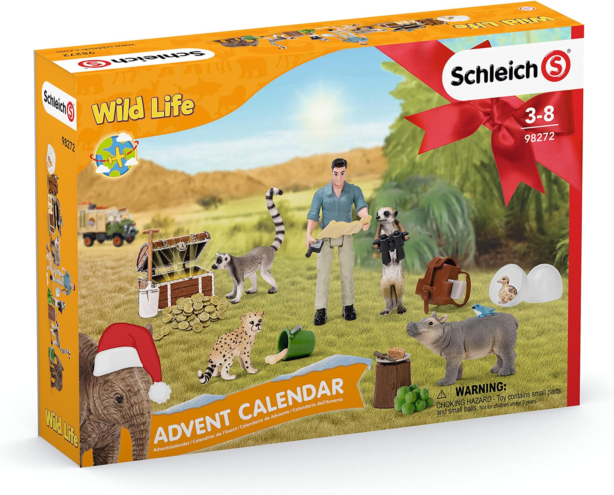 SCHLEICHWILD LIFE 98272 Adventskalender Kinder - Tiere Figuren Set mit Abenteuerfigur - Mit Baby Nilpferd, Gepard, Lemur, Elefant, Erdmännchen, Wissenschaftler - Ab 3 Jahren