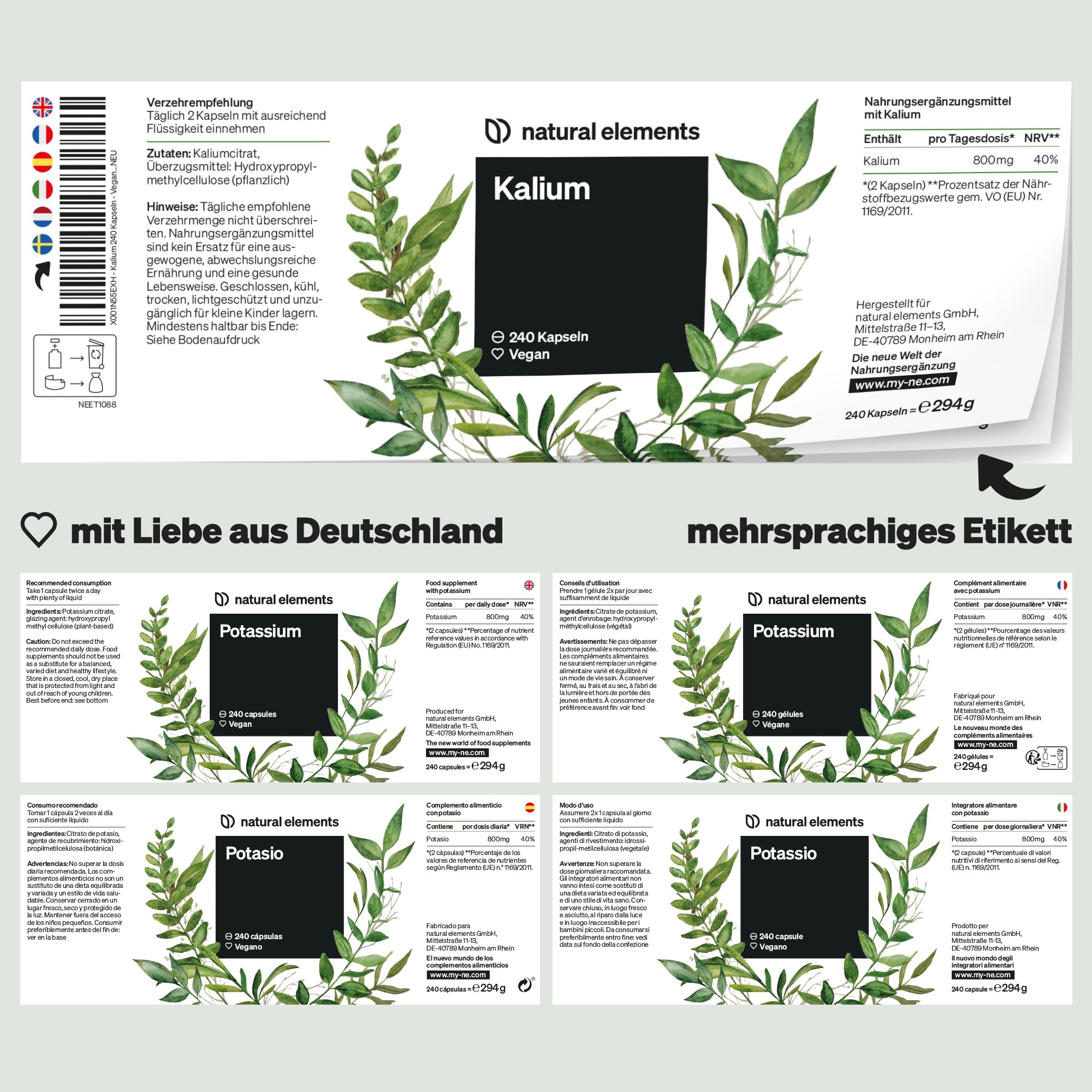 natural elements Kalium – 240 Kapseln mit 800 mg elementarem Kalium (aus Kaliumcitrat) pro Tagesdosis – für Blutdruck, Muskelfunktion & Nervensystem – vegan, hochdosiert, ohne Zusätze
