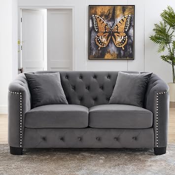 mikibama Modern Chesterfield Velvet Loveseat Sofa, 59 Inch Sectional Sofa, Luxury 2 Seater Upholstered Tufted Couch with Nailhead Arms and 2 Pillows for Living Room, Bedroom, ApartmentGrey
