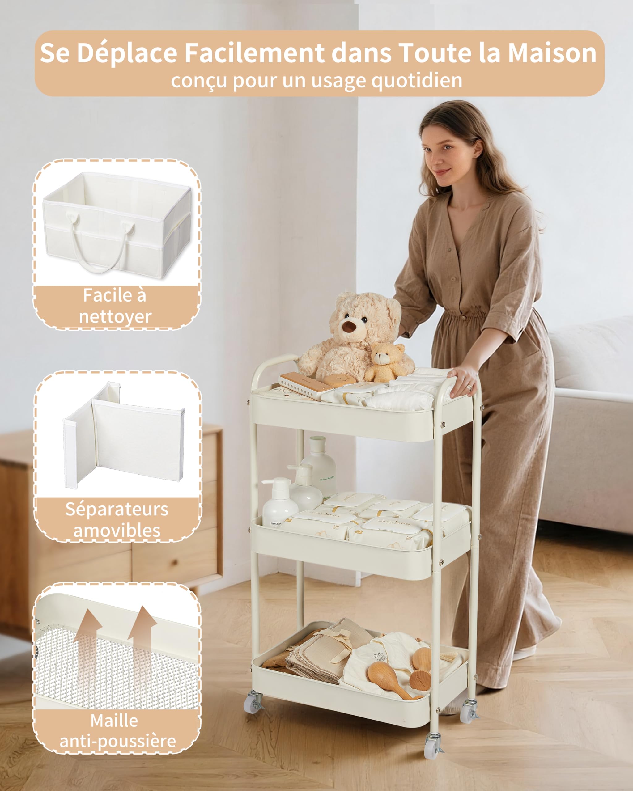 Fortella Desserte à Roulettes avec Panier Rangement Bébé, Chariot de Rangement 3 Niveaux, Sac a Langer Bebe Portable, rangement Table a Langer Bebe, Organisateur Cuisine Chambre, Salle de Bain (Beige)