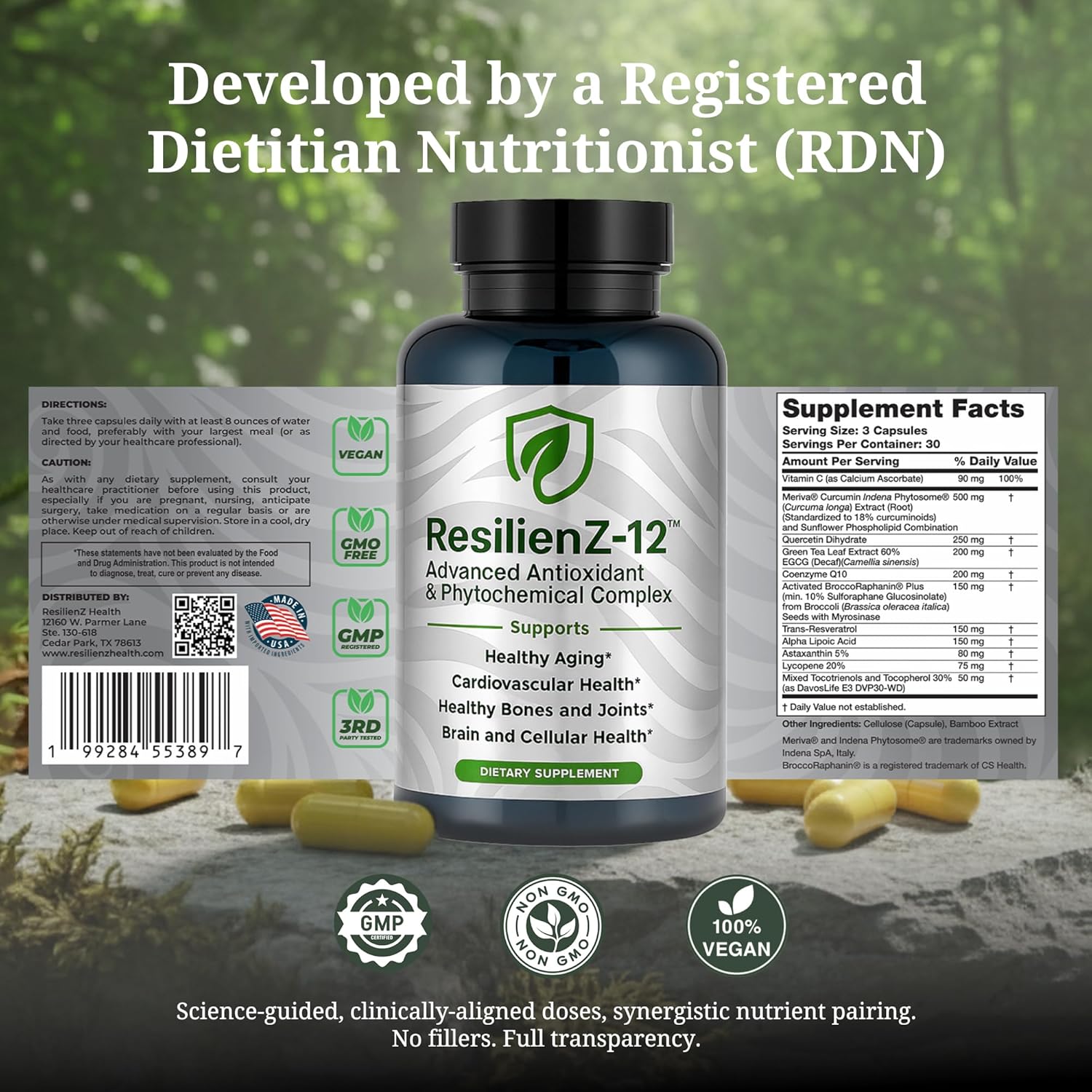 ResilienZ-12 Healthy Aging & Cellular Health – 12-in-1 Longevity Antioxidant Complex w/Meriva Curcumin Phytosome, Sulforaphane, CoQ10, EGCG, Resveratrol, Quercetin, Tocotrienols & Astaxanthin