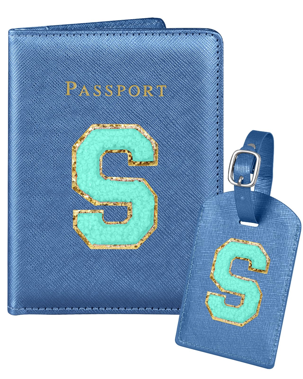 Passport Holder Initial Lugguage Tag Set Suitcase Cover Wallet Case for Travel Women - Leather Letter Passport Book Personalized Organizer Card Protector Sleeve Essentials Slim Carrier, Blue, S-image-27