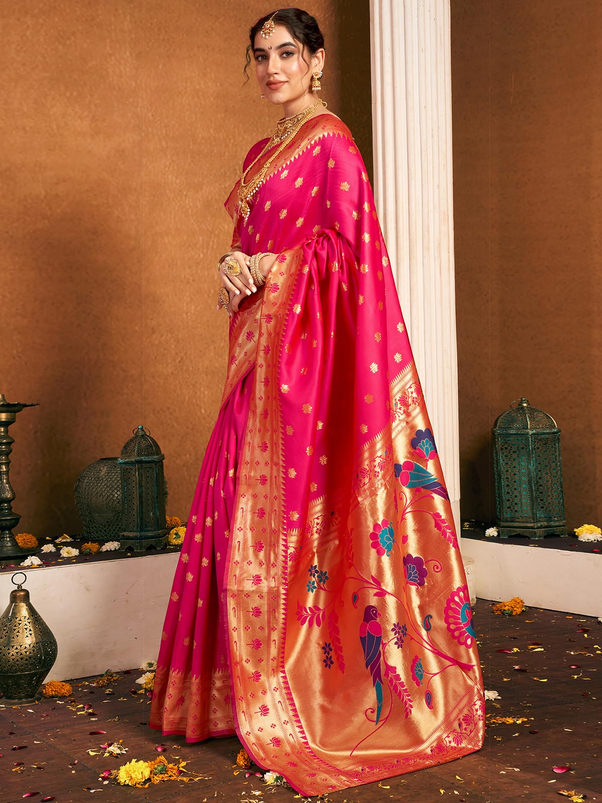 Satrani Women's Silk Paithani Jacquard Weaving Saree With Unstitched Blouse Piece (4046S6300N_Rani Pink)