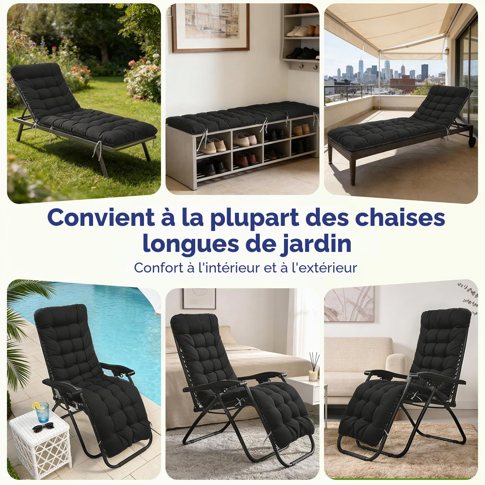 Coussin pour chaise longue - 170 x 53 x 8 cm - Épaisseur : 170 x 53 x 8 cm - Pour chaise longue - Avec cravate - Pour vacances, intérieur et extérieur - Noir