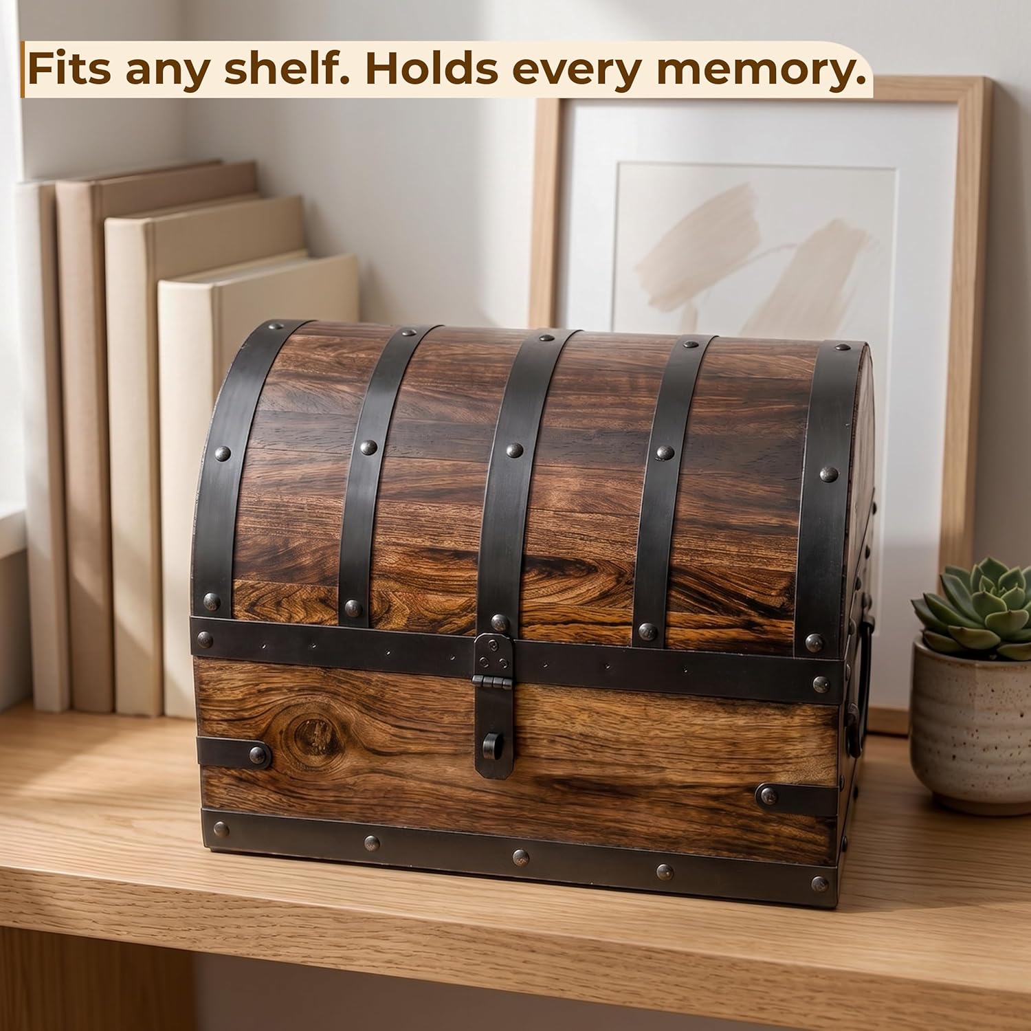 Happenings Treasure Chest Box with Removable Tray, Wooden Treasure Box for Storage, Keepsakes & Jewelry, Vintage Pirate Chest Decor, Solid Hardwood Decorative Storage (Large - 14x10x10 inches)