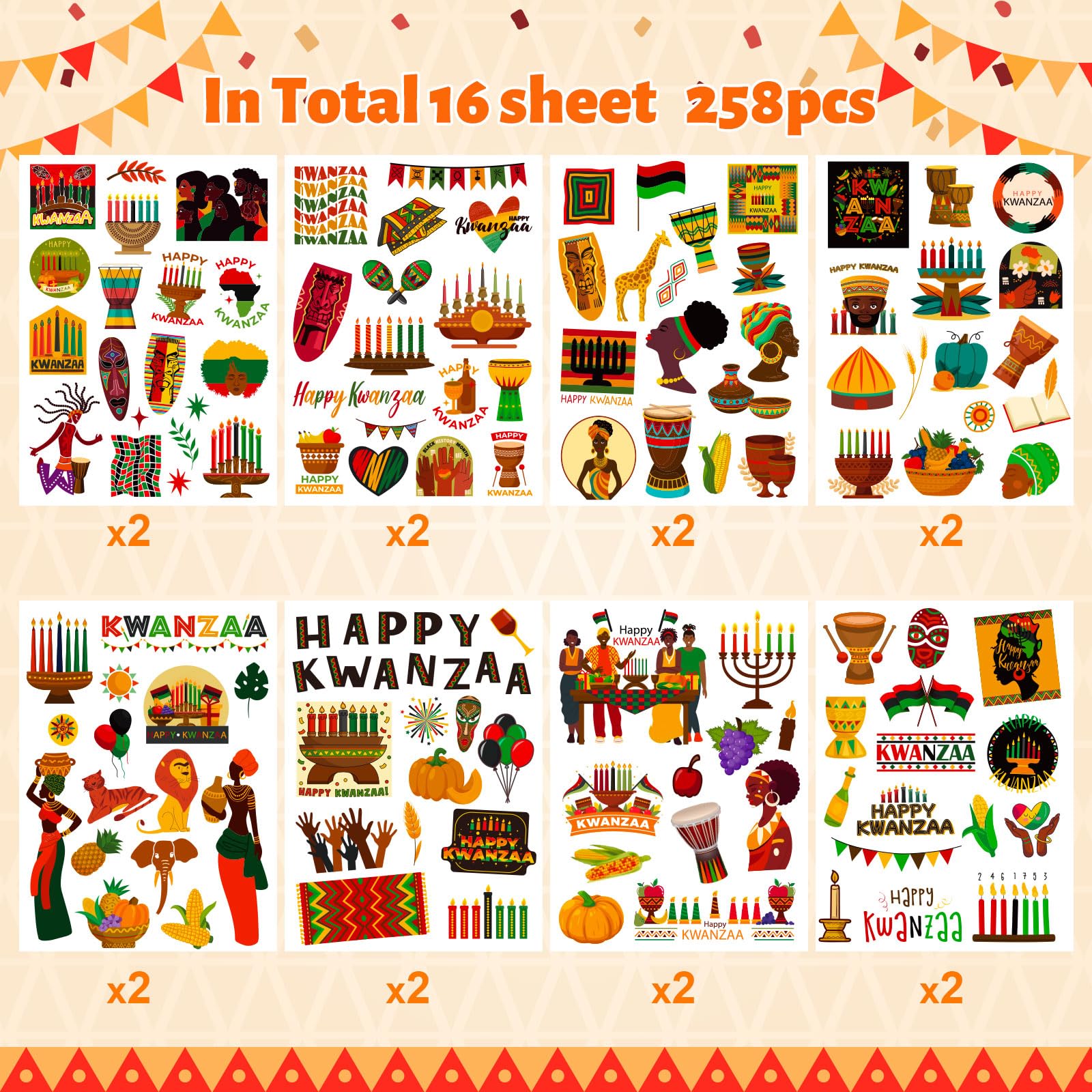 Kwanzaa Stickers for Kids, 258Pcs Happy Self Adhesive Kwanzaa Crafts Stickers for Kwanzaa Party Supplies Favors - Image 2