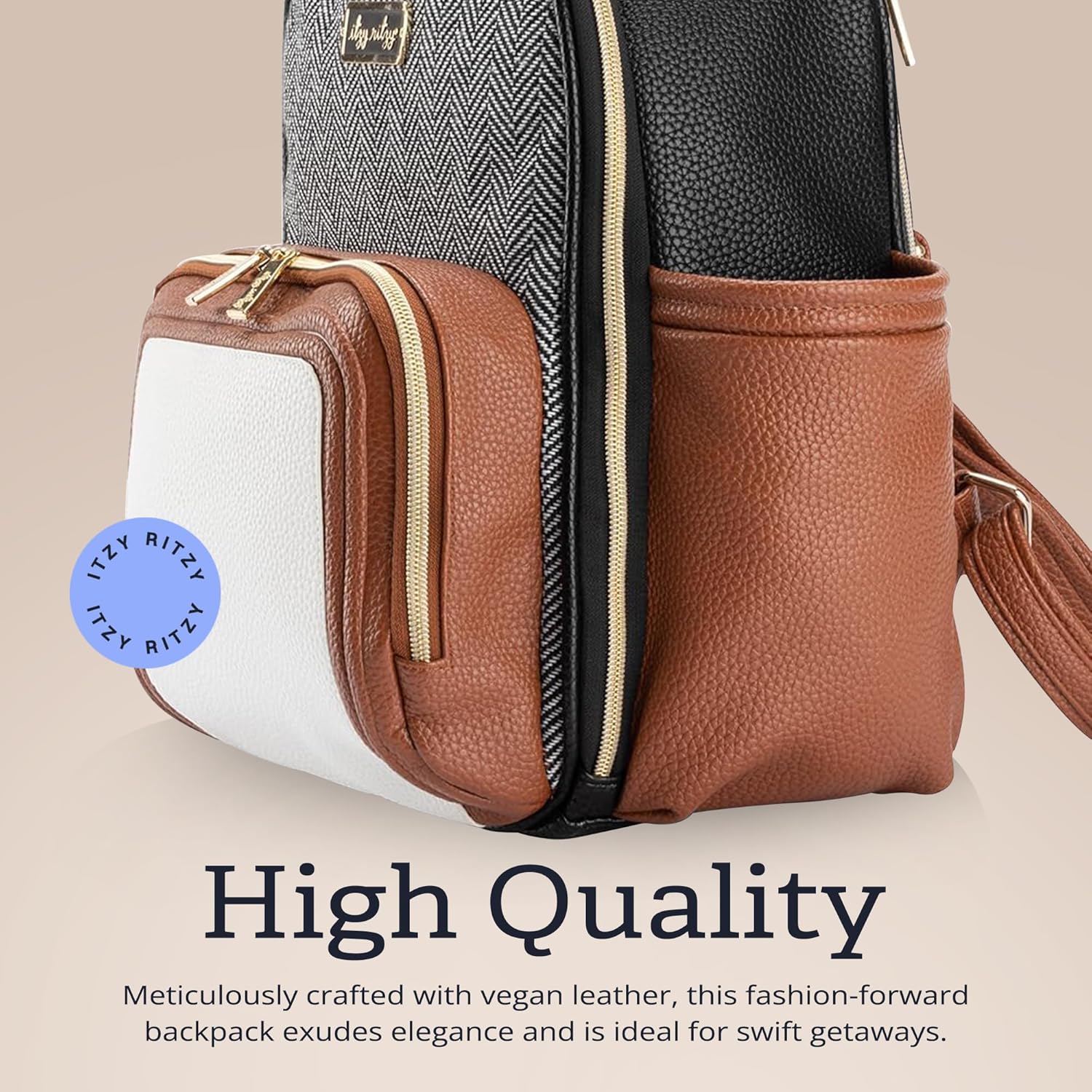 Itzy Ritzy Mini Diaper Bag Backpack – Chic, Compact Mini Plus Backpack with Changing Pad, 10 Pockets (6 Internal, 4 External), Grab-Top Handle & Rubber Feet (Coffee & Cream) - Image 7