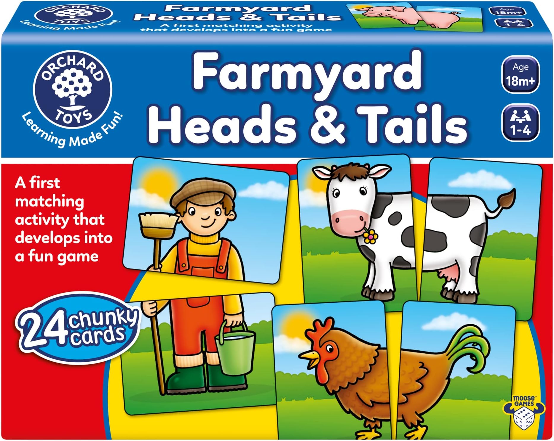 Orchard Toys Moose, Farmyard Heads & Tails Game. A First Matching Activity That develops into a Fun Game. 24 Chunky Cards. Age 18 Months+. 1-4 Players