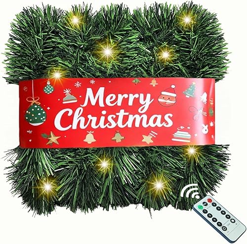 Guirnalda de Navidad con luces, 30 pies, 50 LED, funciona con pilas, guirnalda larga preiluminada, temporizador remoto para escaleras, barandilla,
