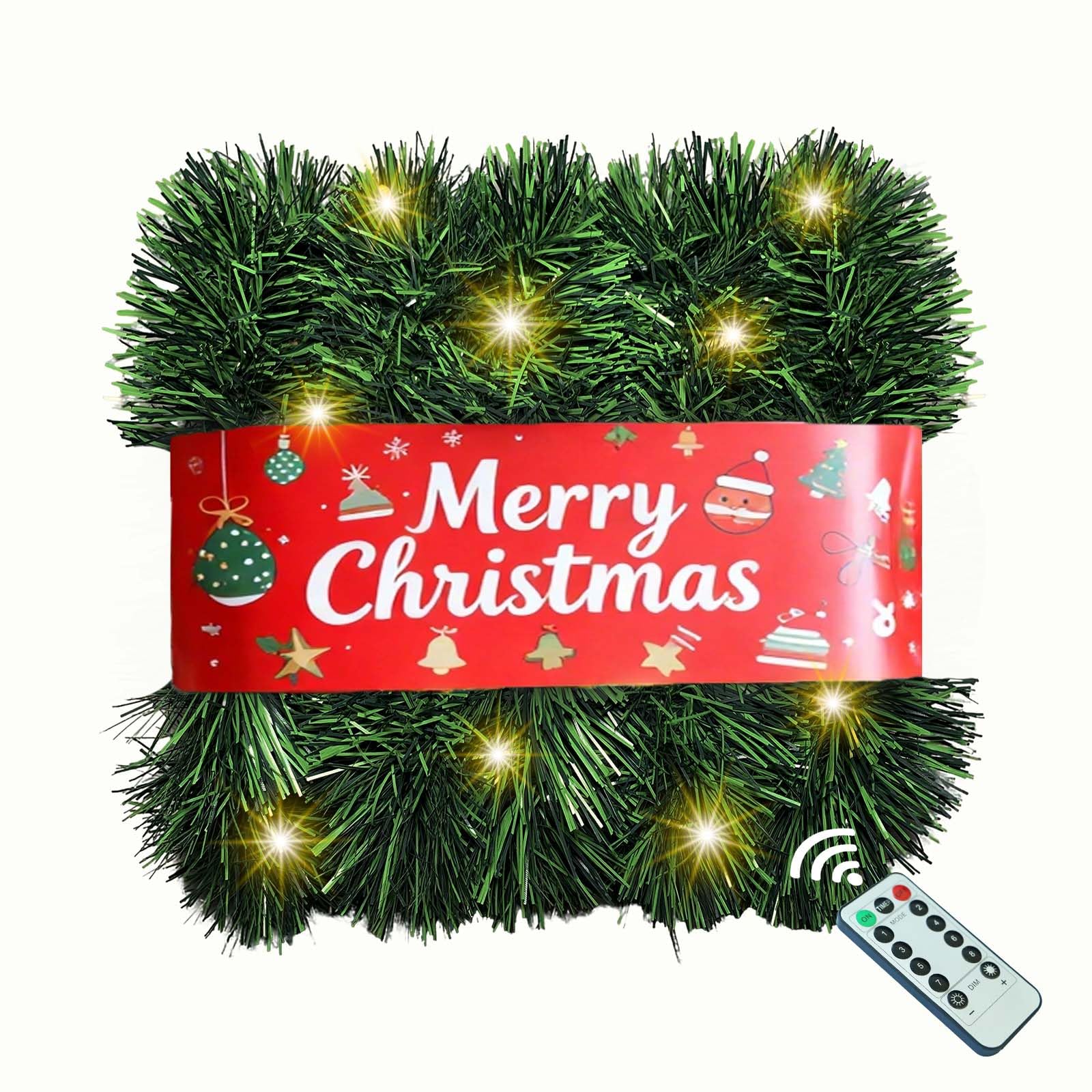 Guirlande de Noël avec lumières, 9,1 m, 50 LED, fonctionne à piles, longue guirlande pré-éclairée, minuterie à distance pour escaliers, garde-corps, cheminée, cheminée, cadre de porte de bureau