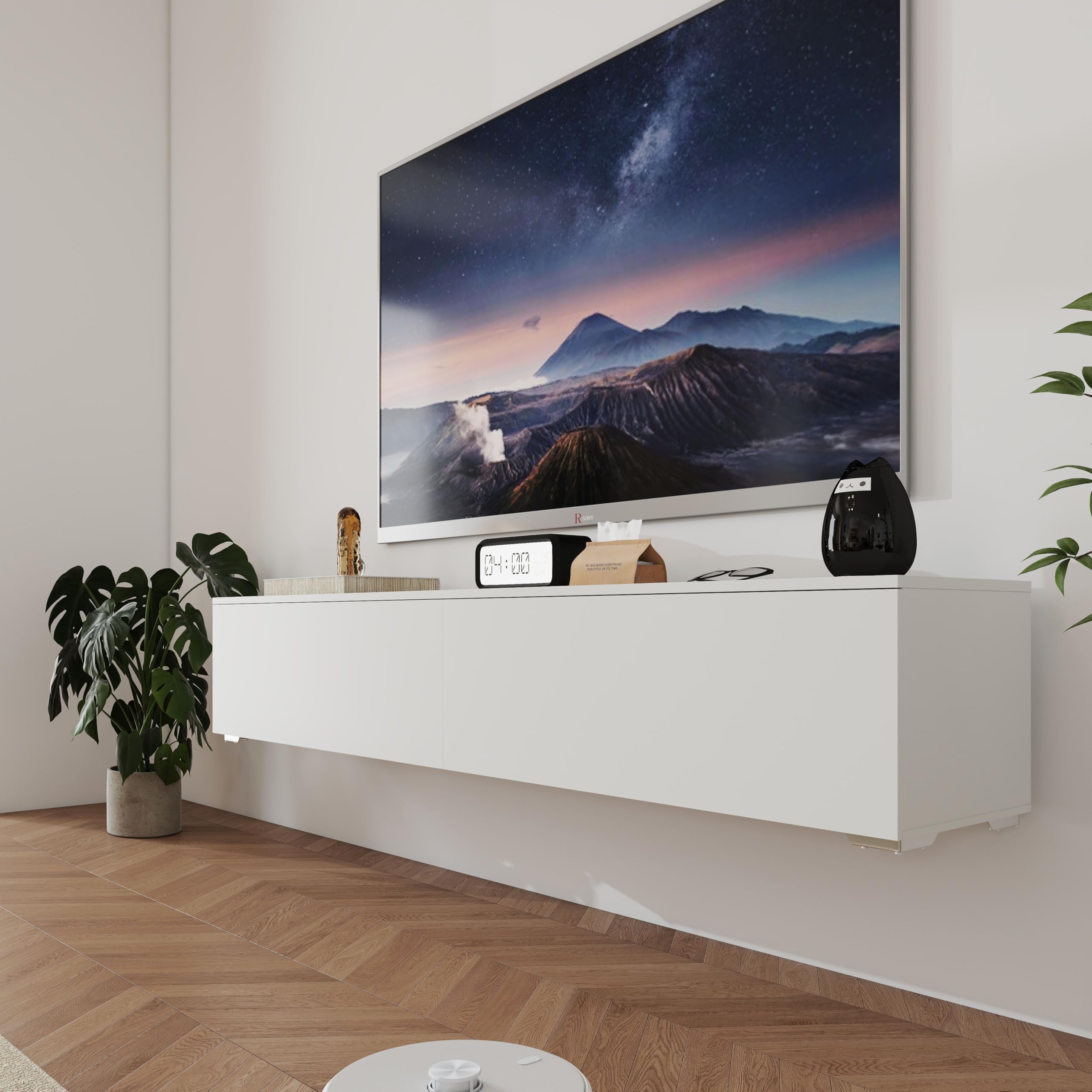 Lowboard mit Fächern, TV Board für Wohnzimmer, Sideboard Weiss, Moderne TV Lowboard, Lowboard Hängend