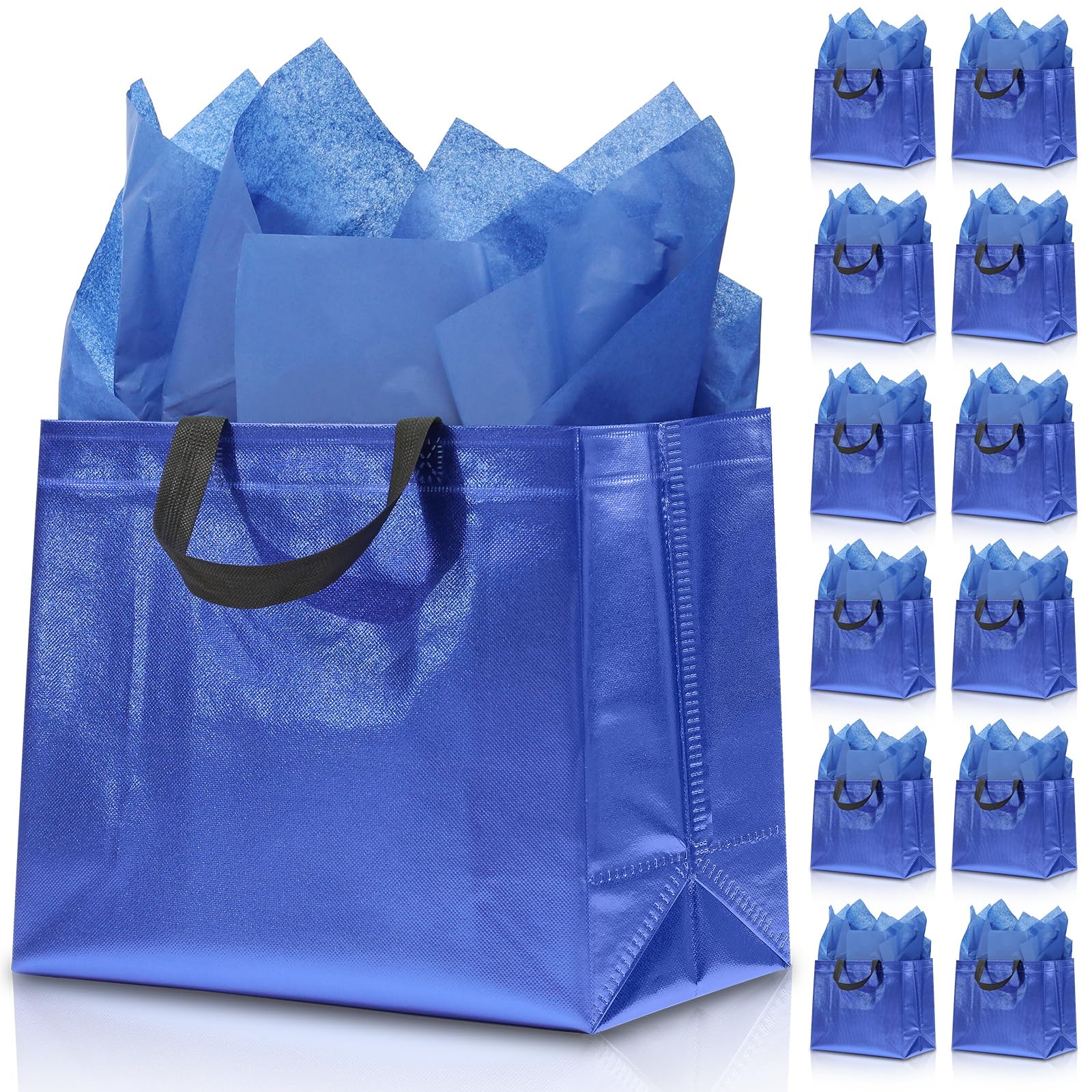 KeerxunBag 12Pcs Reusable Gift Bags（Includes Tissue Paper） Gift bag with handle Birthdays Parties Holidays Weddings Medium 13x5x11in Blue Gift Bags