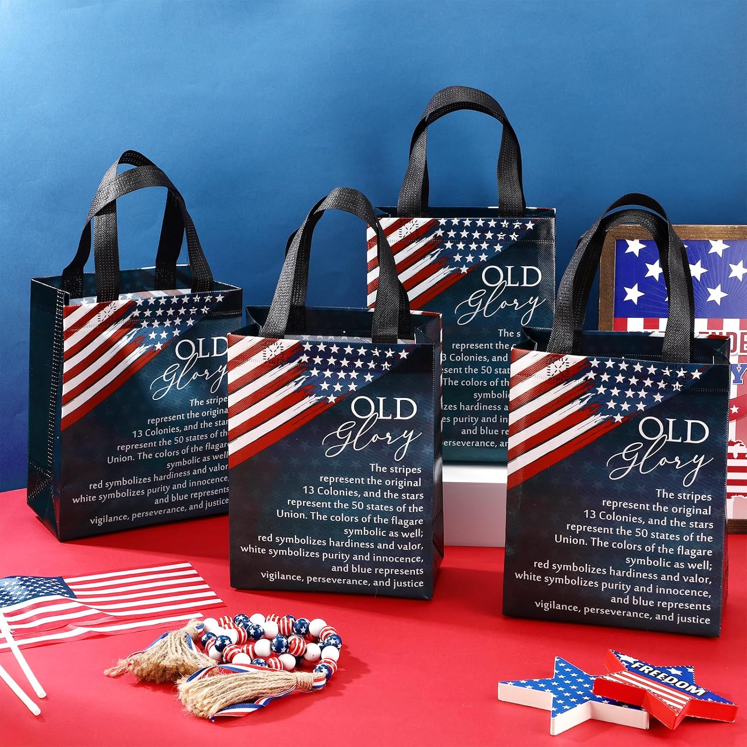 Sweetude 50 250 Anniversary Patriotic Gift Bags Bulk American Flag Theme Bags with Handle Medium Reusable USA Souvenirs Gifts for Church Remembrance Day Party Decorations Favors