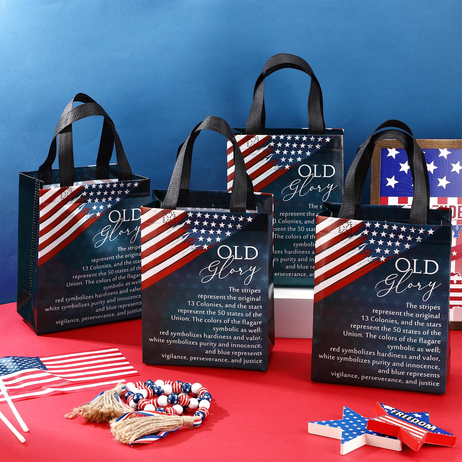 Sweetude 15 250 Anniversary Patriotic Gift Bags Bulk American Flag Theme Bags with Handle Medium Reusable USA Souvenirs Gifts for Church Remembrance Day Party Decorations Favors