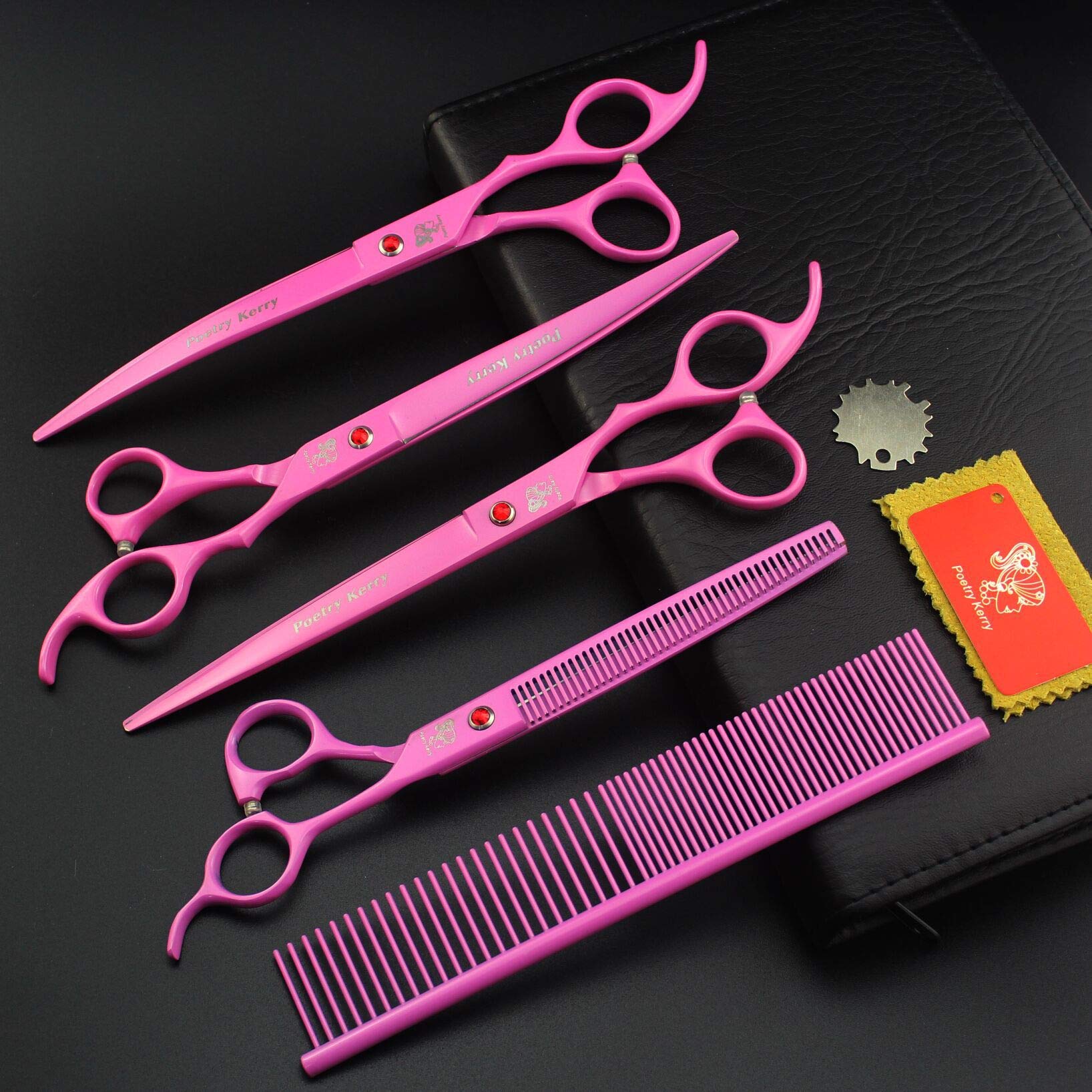 JIESENYU Juego de tijeras de aseo para mascotas, kit profesional de acero inoxidable para perro o gato con tijeras de corte de 7 pulgadas, tijeras de adelgazamiento, peines curvos